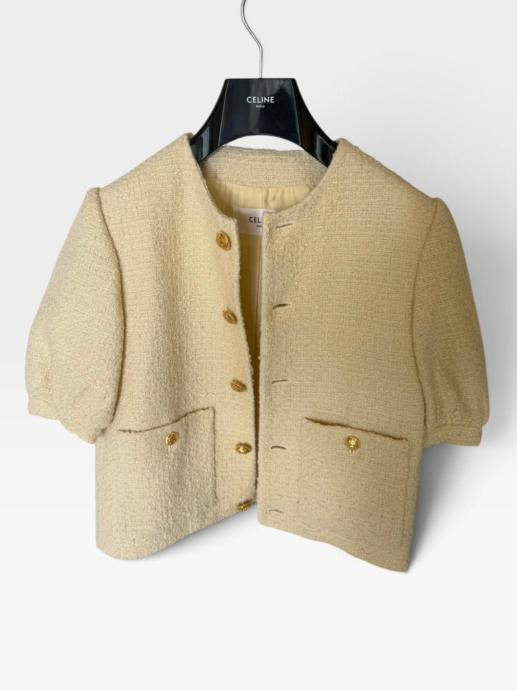 Celine Bouclé Blazer In Cream Tweed (Size 36/ UK 8). 100% authentic and preloved in excellent condition