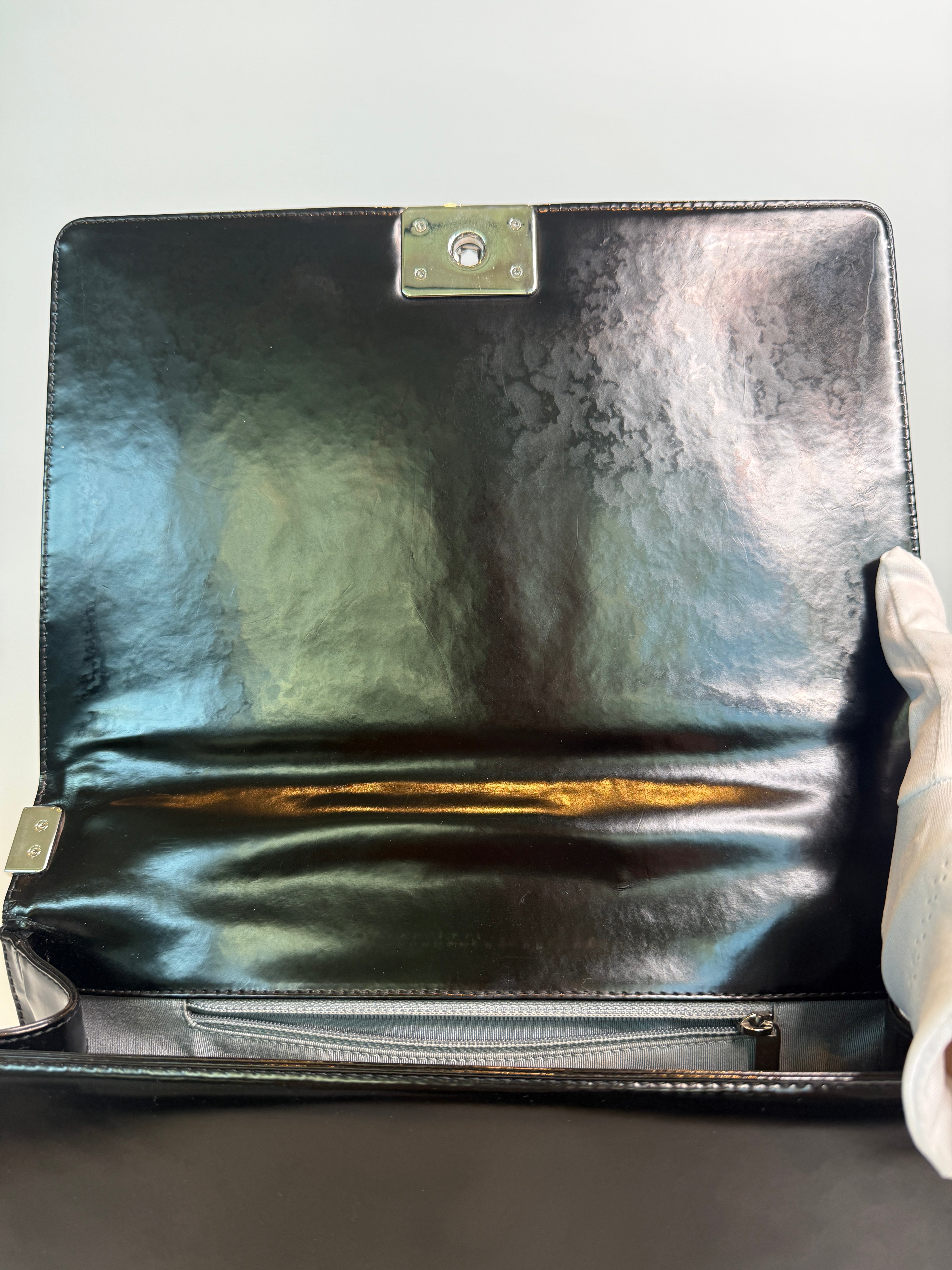 Authentic Pre Loved Chanel Large Boy Bag In Black Patent Leather With Silver Hardware