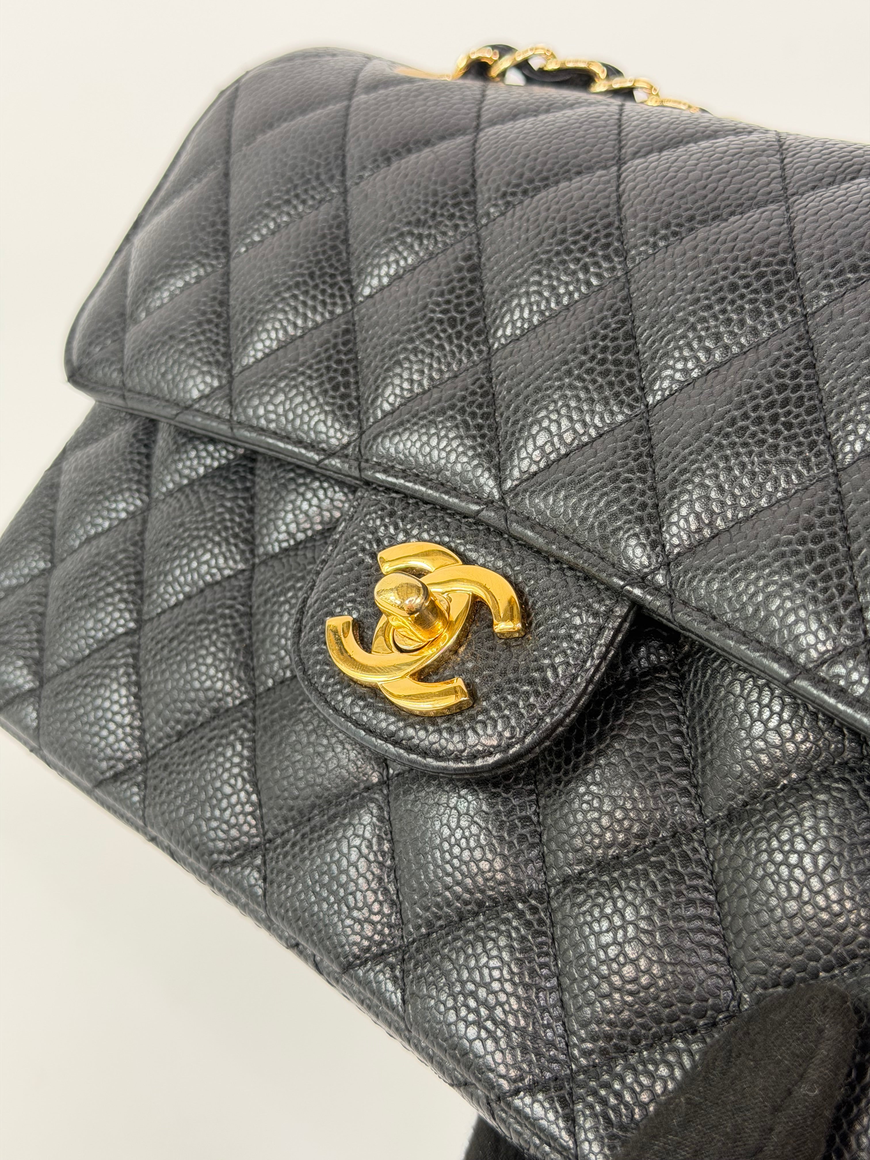 Chanel Small Classic Double Flap In Black Caviar Leather With Gold Hardware. 100% authentic and preloved in excellent condition