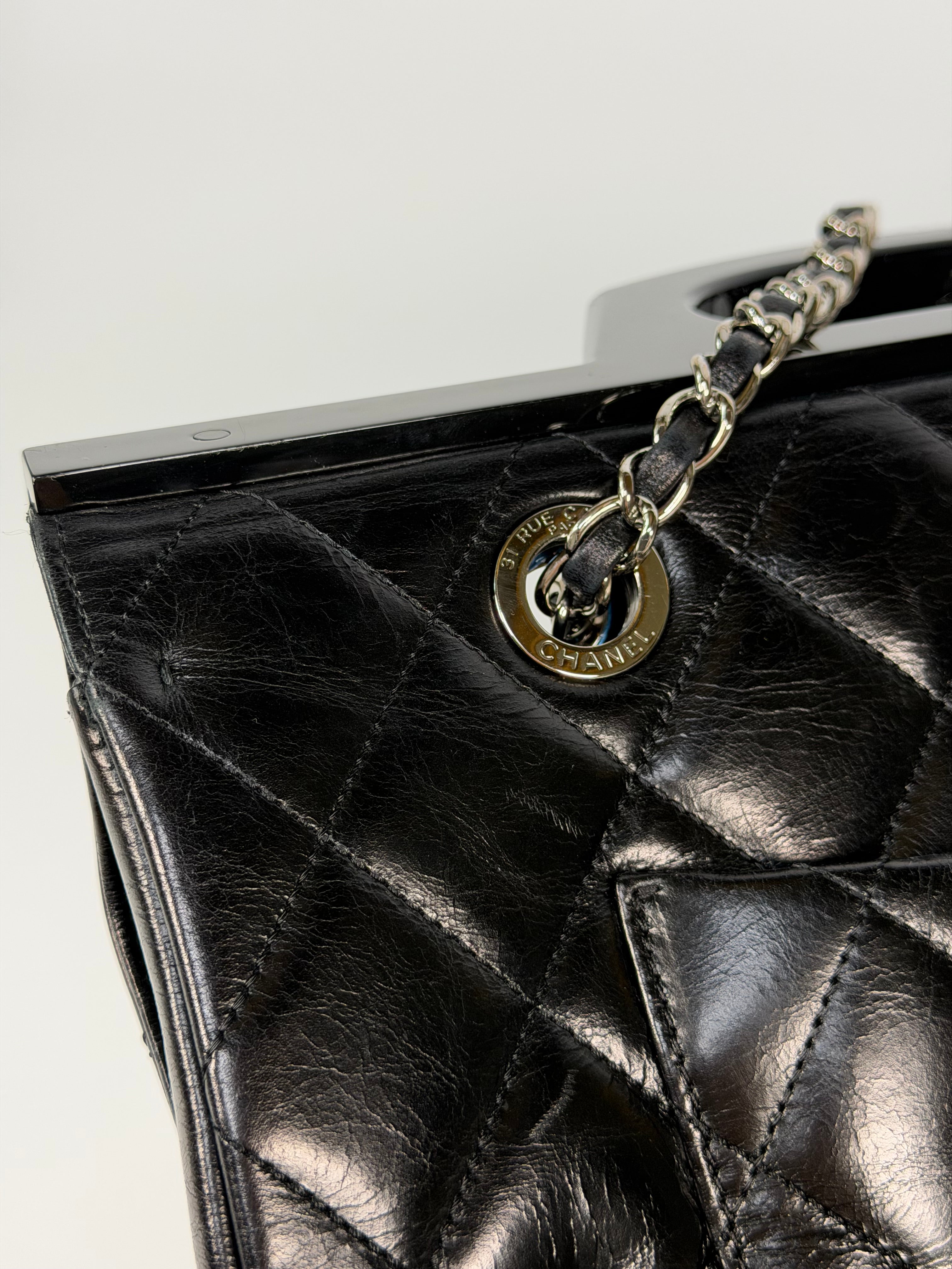 Chanel Delivery Top Handle Flap Bag In Black Calfskin Leather With Silver Hardware