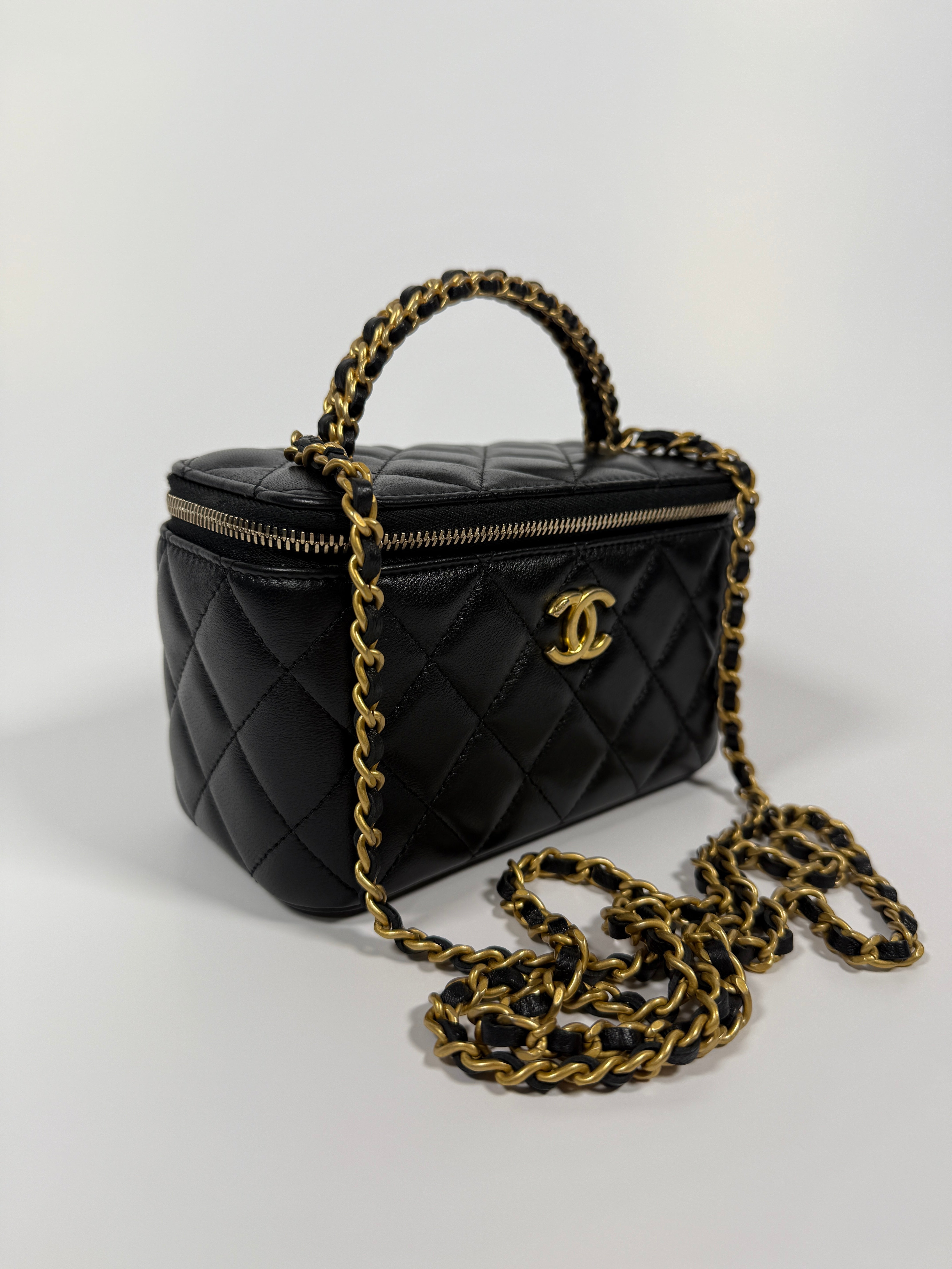 Chanel Vanity Rectangular with Top Handle In Black Lambskin With GHW