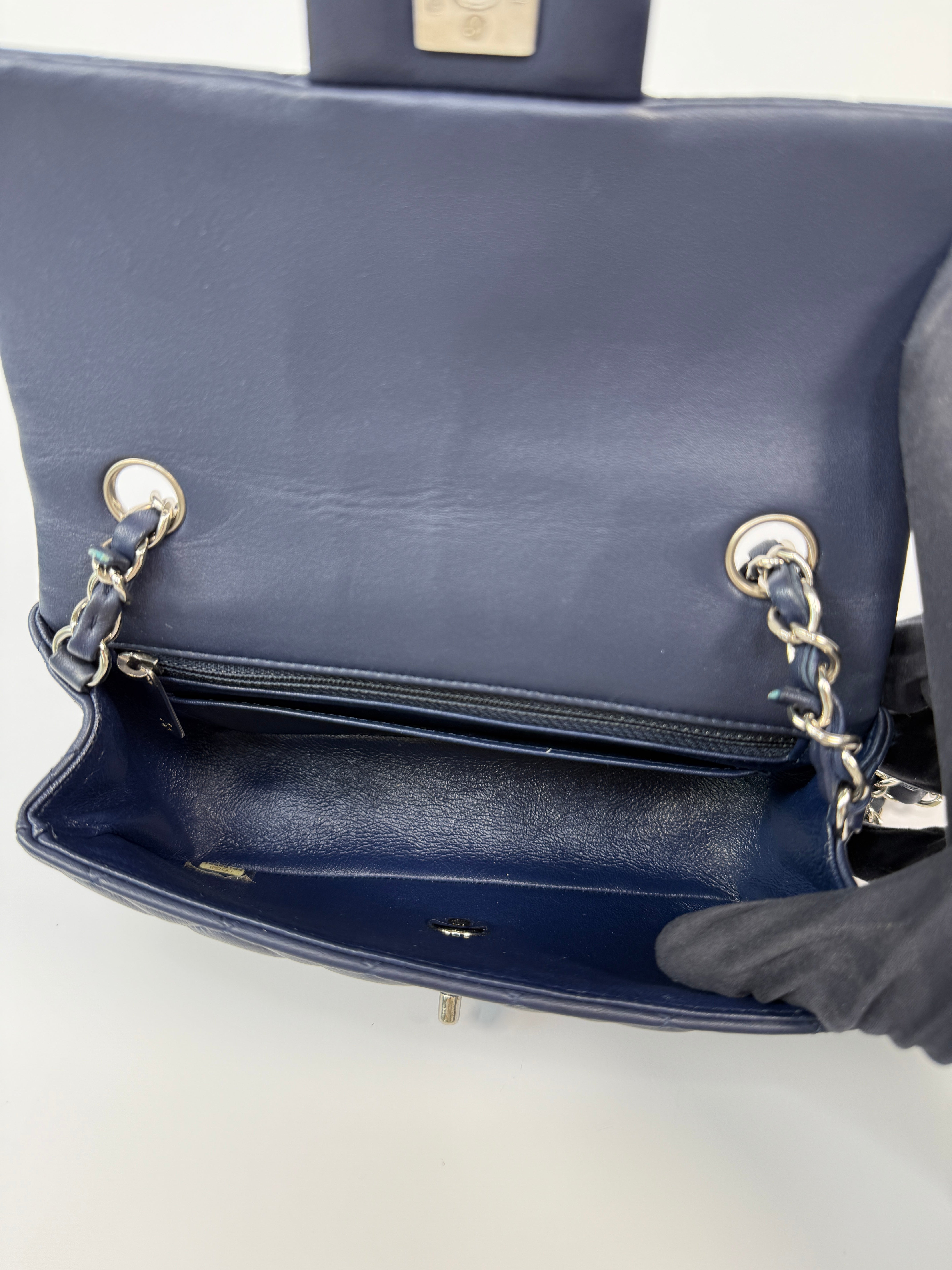 Chanel Mini Rectangle Flap Bag In Navy Lambskin With Silver Hardware
Pre Loved & Authentic