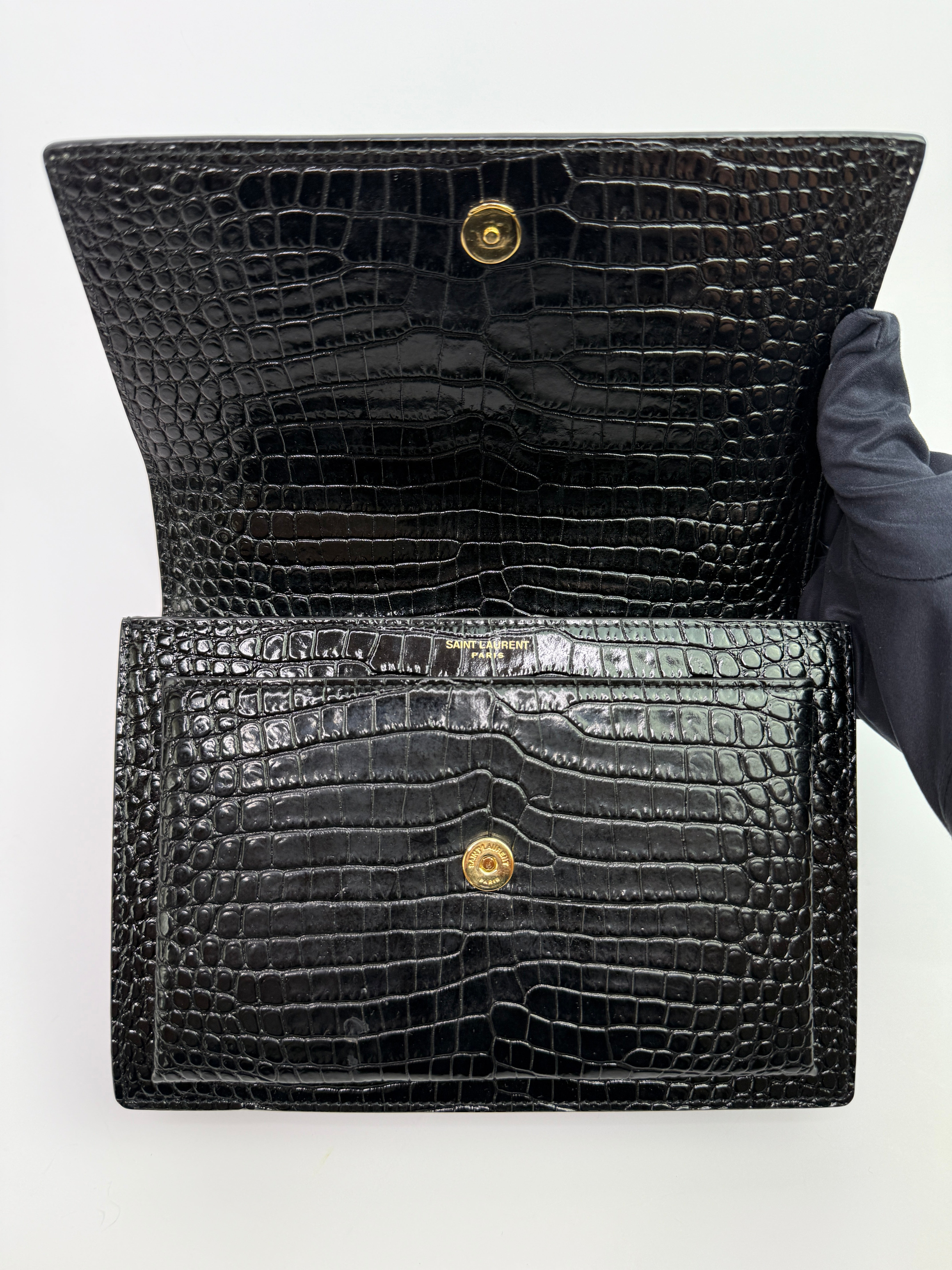 Saint Laurent Black Croc Embossed Sunset Bag