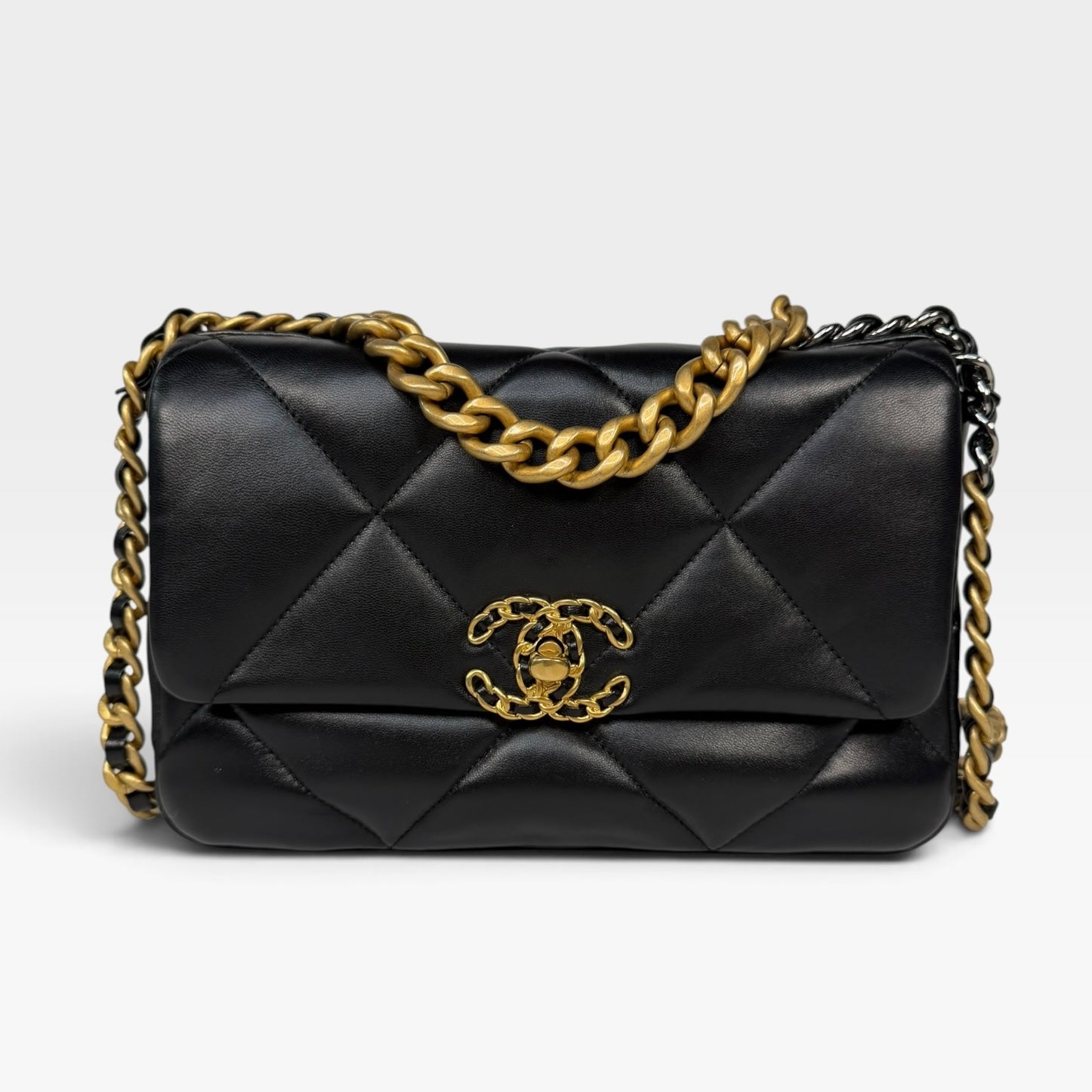 Chanel 19 Small In Black & White Leather With Mixed Hardware. Authentic and preloved in very good condition. Verified by Luxe Cheshire.