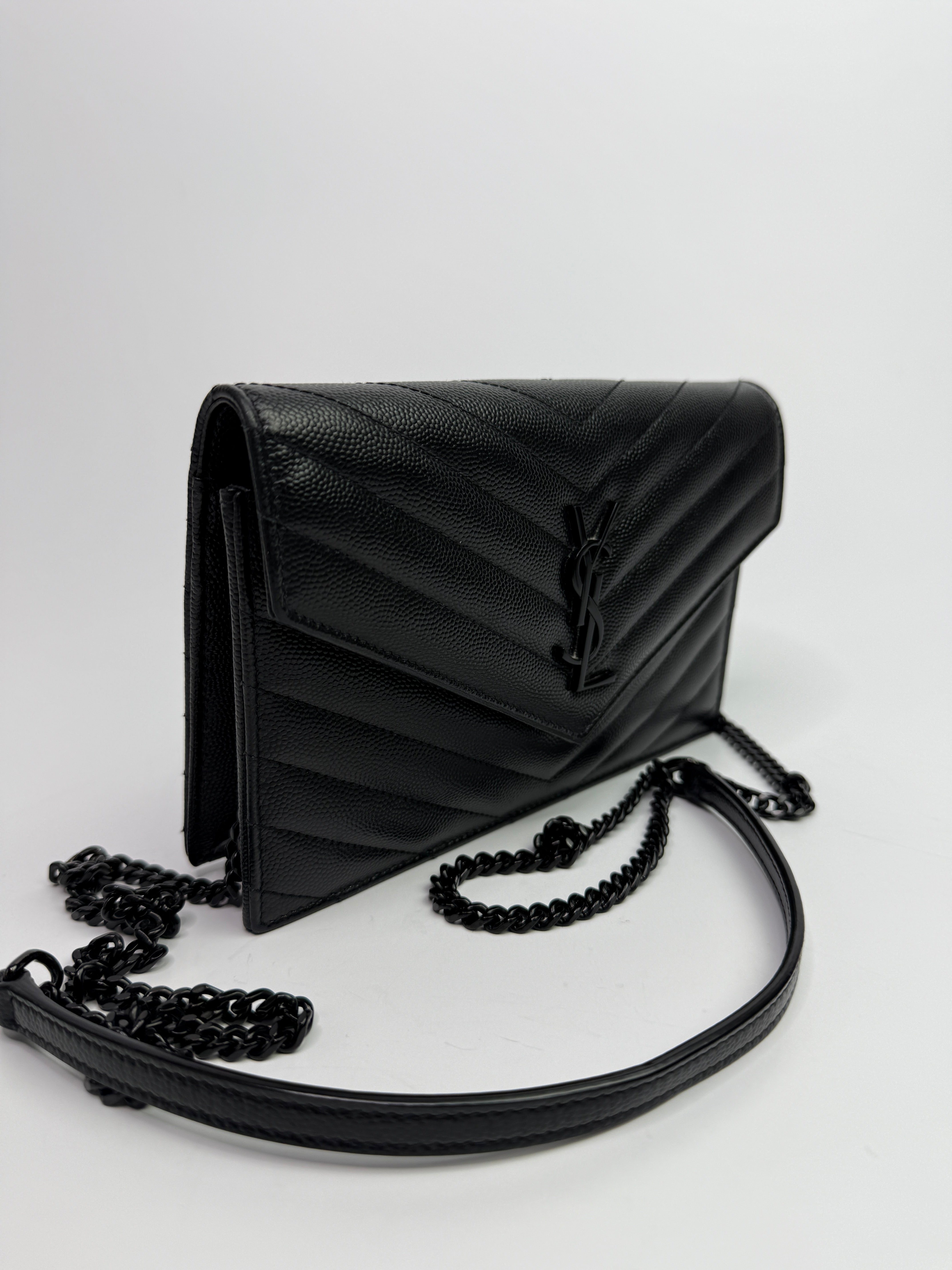 Saint Laurent Cassandre Matelassé Textured- Leather Wallet On Chain