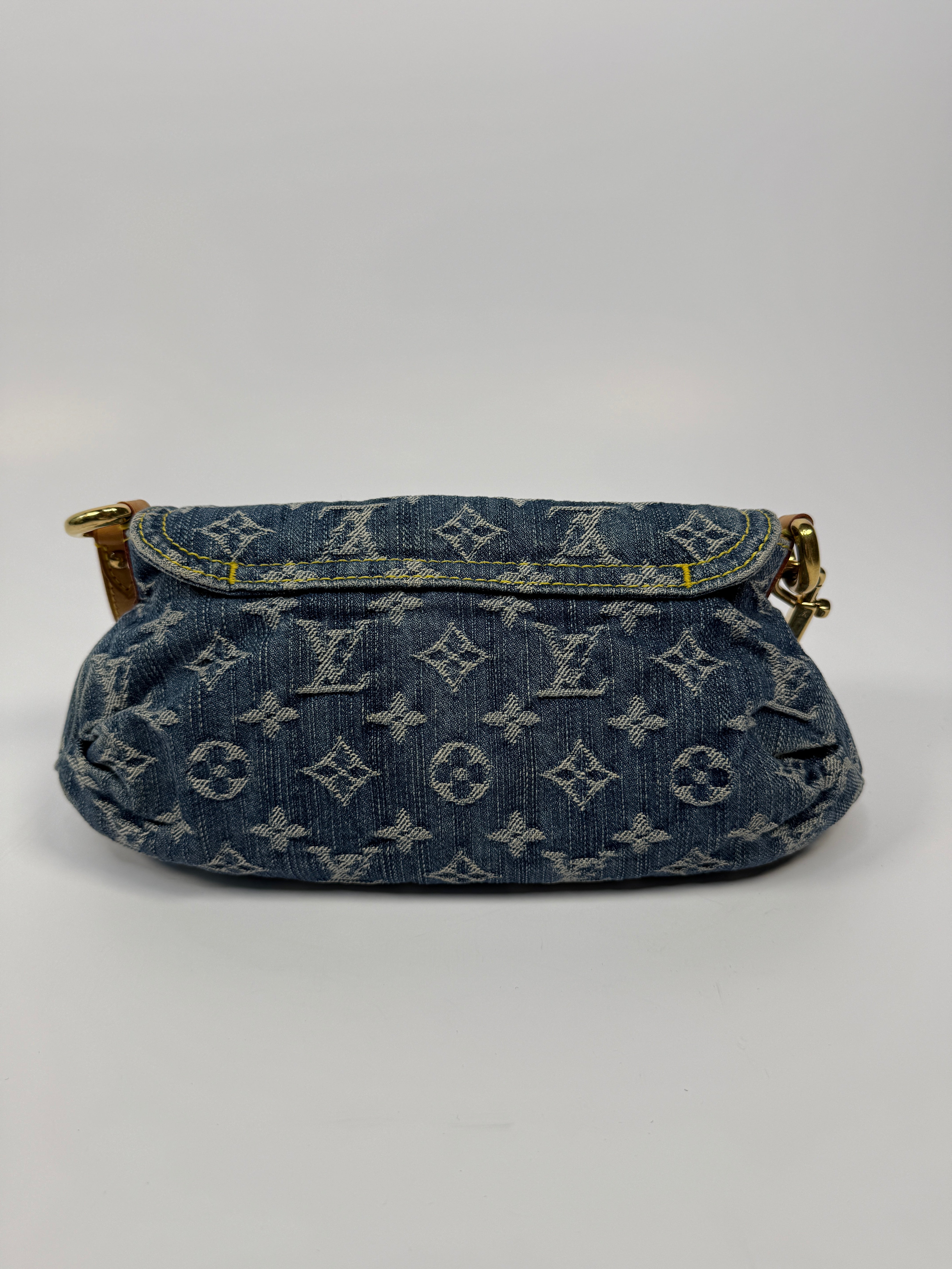 Louis Vuitton Mini Pleaty Bag In Denim Monogram With Gold Hardware, Authentic And Preloved In Excellent Condition