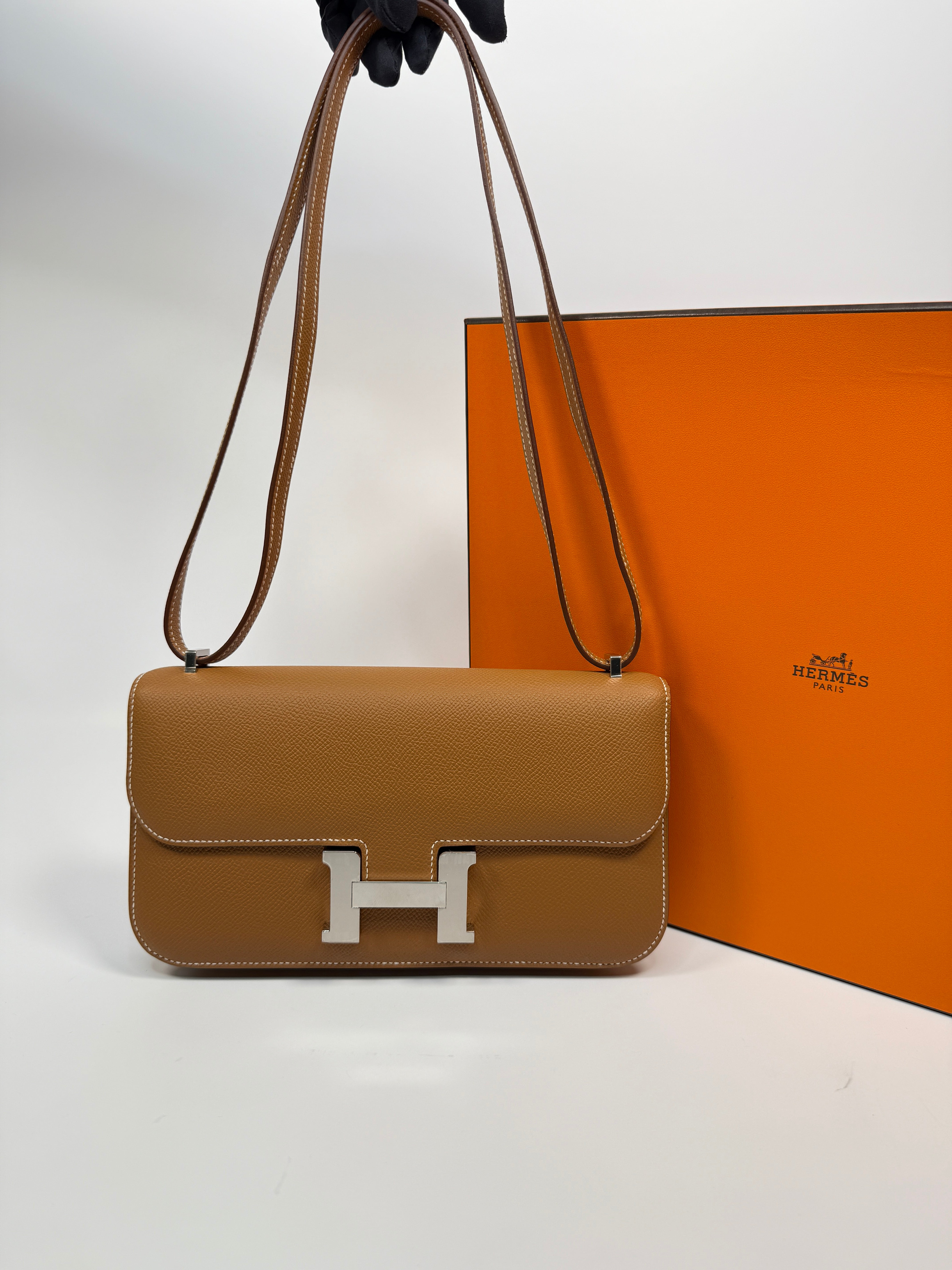Authentic Pre Loved Hermès Constance Elan In Gold Epsom Leather With Palladium Hardware New & Unused