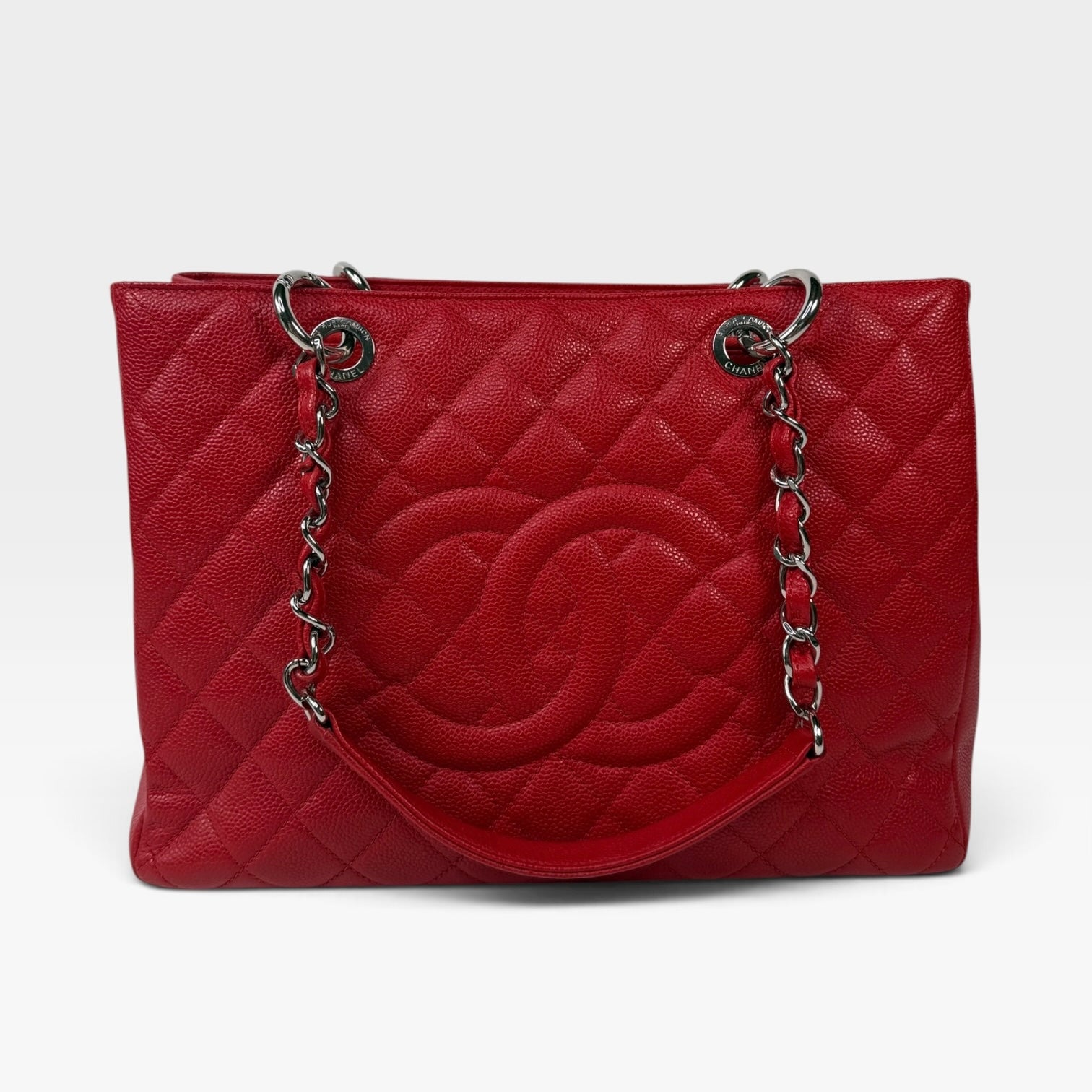Chanel Grand Shopper Tote In Red Caviar Leather With Silver Hardware. 100% authentic and preloved in very good condition