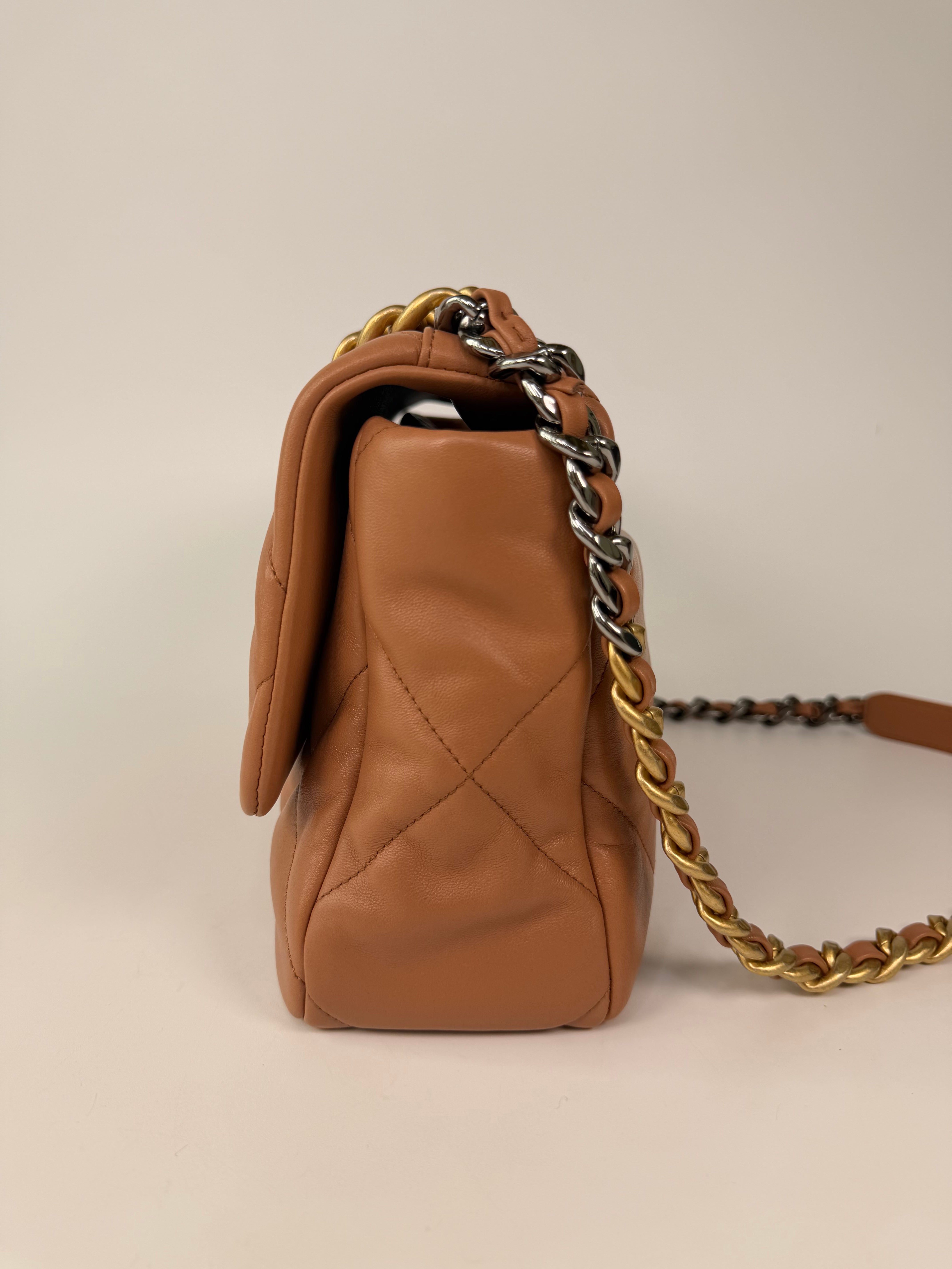 Chanel 19 Medium In Camel Lambskin Leather With Mixed Hardware in excellent condition 100% authentic and preloved