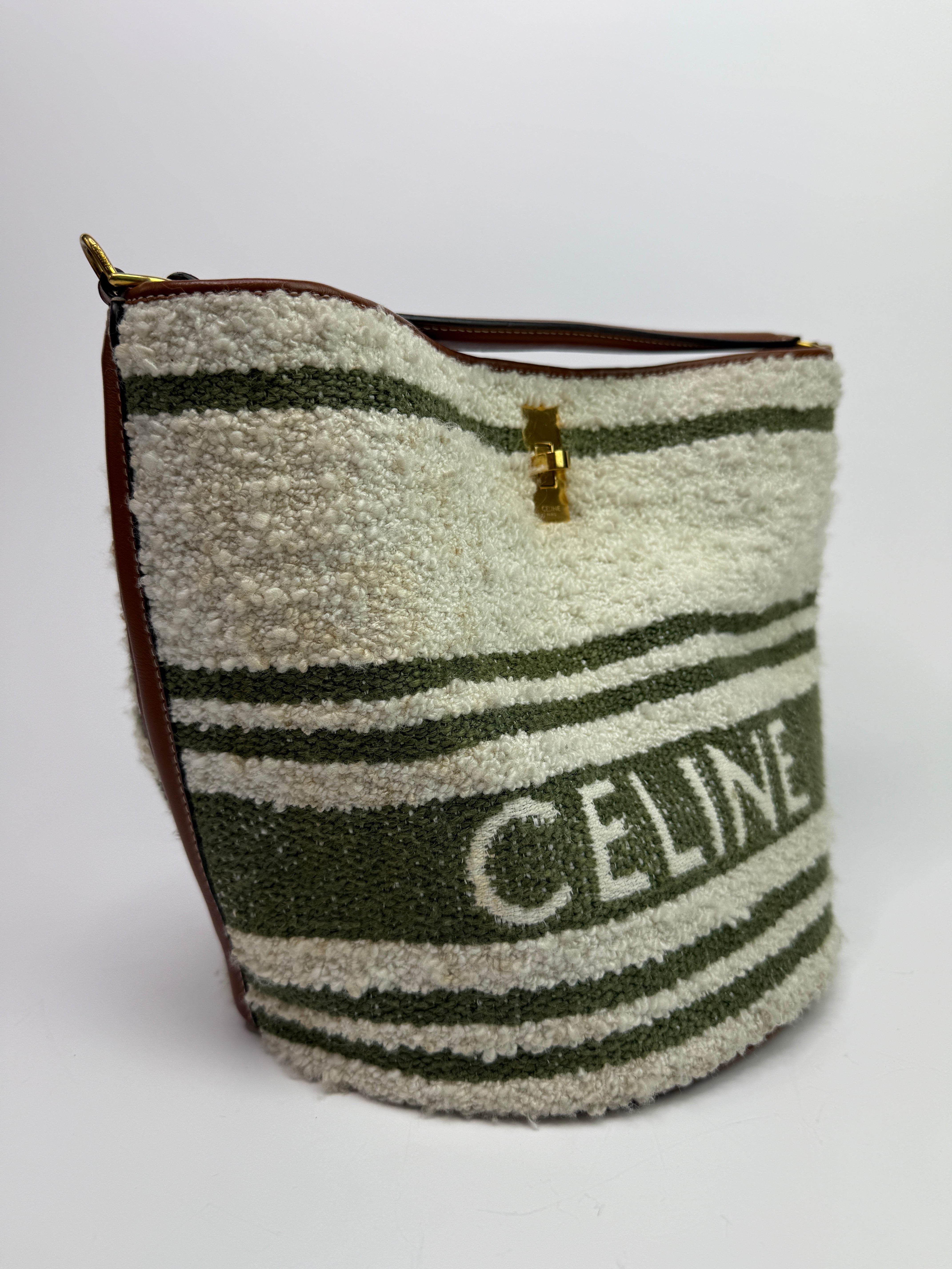 Celine Striped Tweed and Leather 16 Bucket Bag