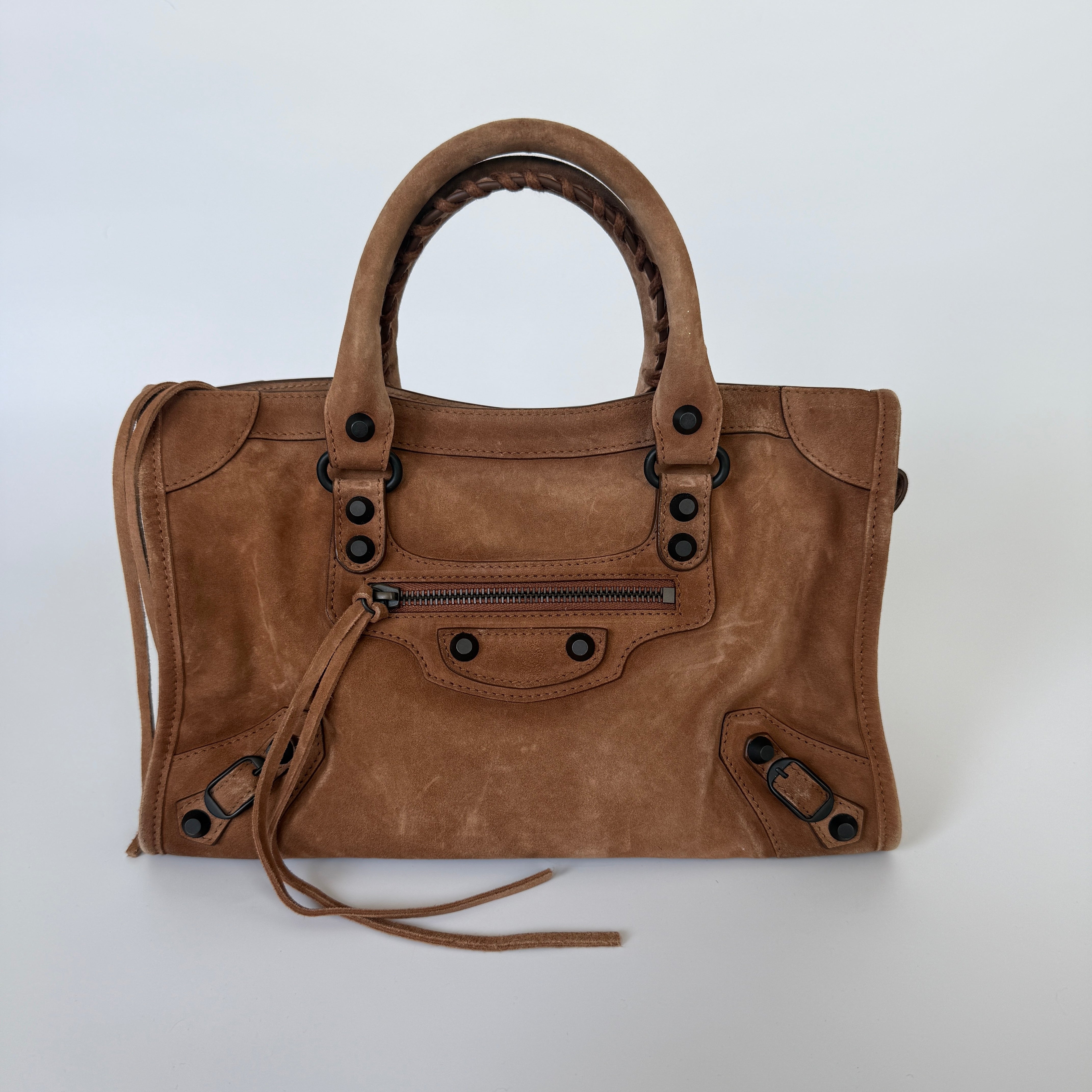 Balenciaga Le City Small Bag In Camel Suede Verified by Luxe Cheshire. Trusted designer resale.
