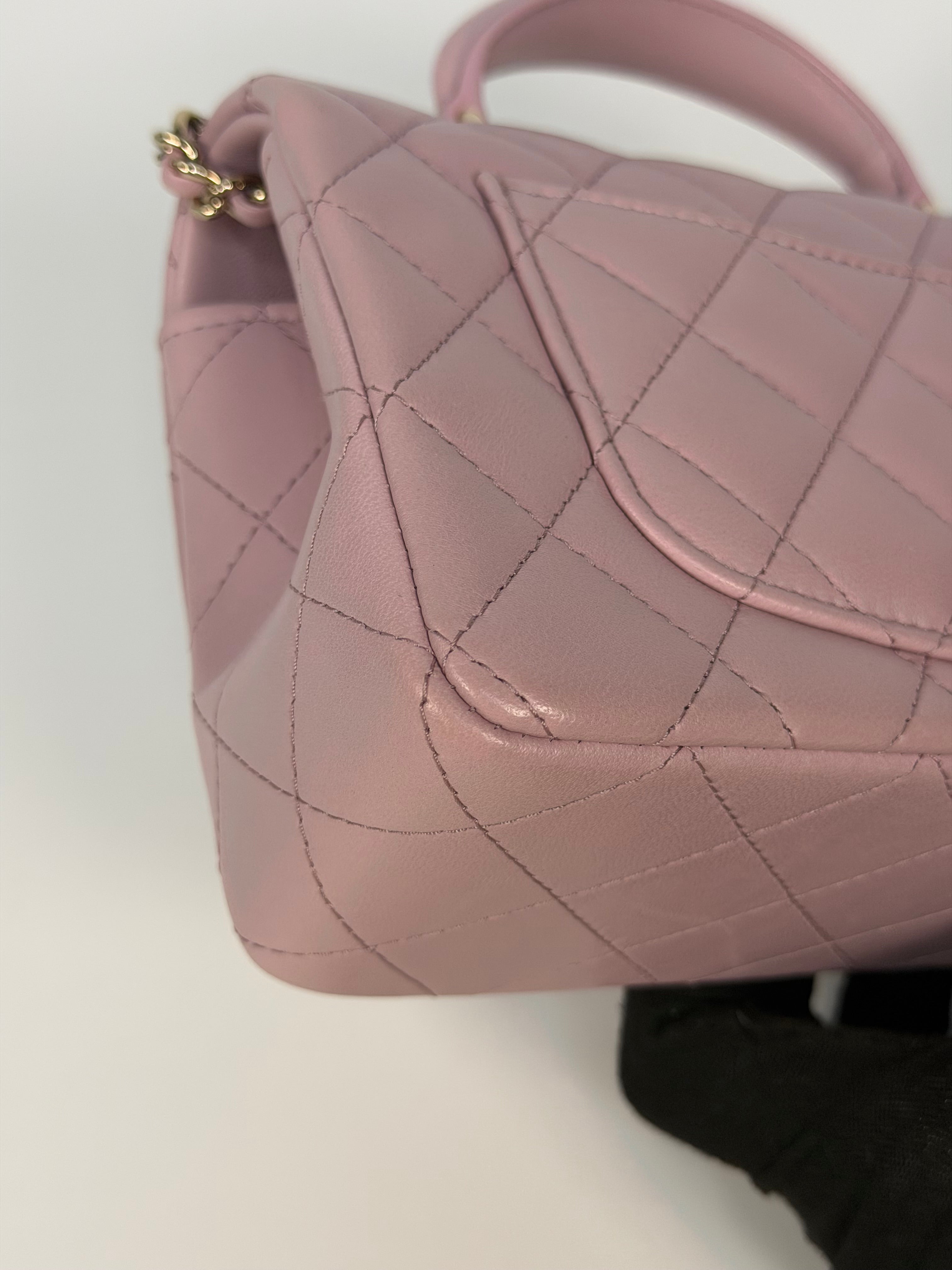 Chanel Mini Rectangle Top Handle In Pink Lambskin Leather With Pale Gold Hardware. 100% authentic and preloved in excellent condition