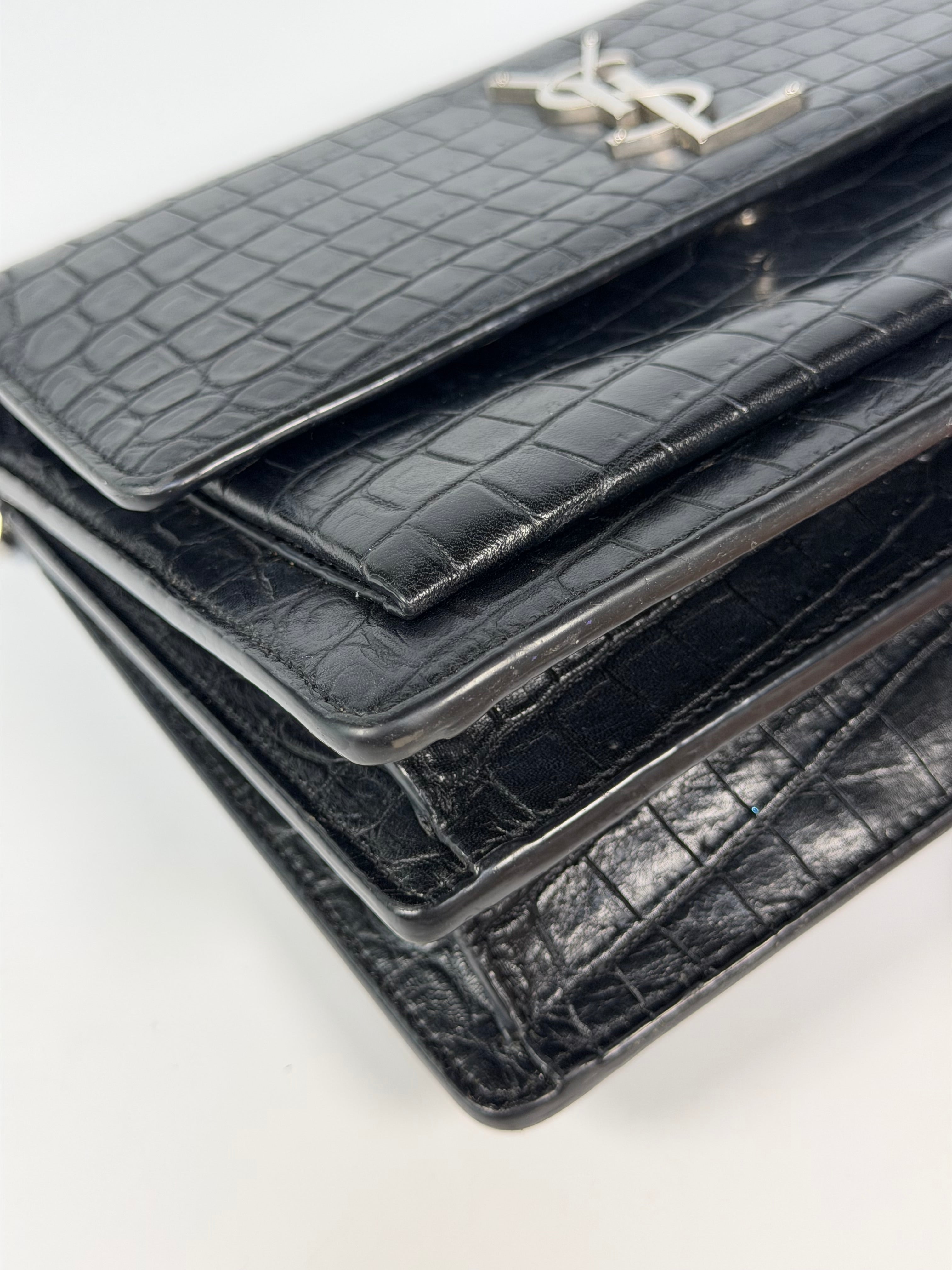 Saint Laurent Sunset Bag In Noir Croc Embossed Leather Silver Hardware. 100% authentic and preloved in very good condition.