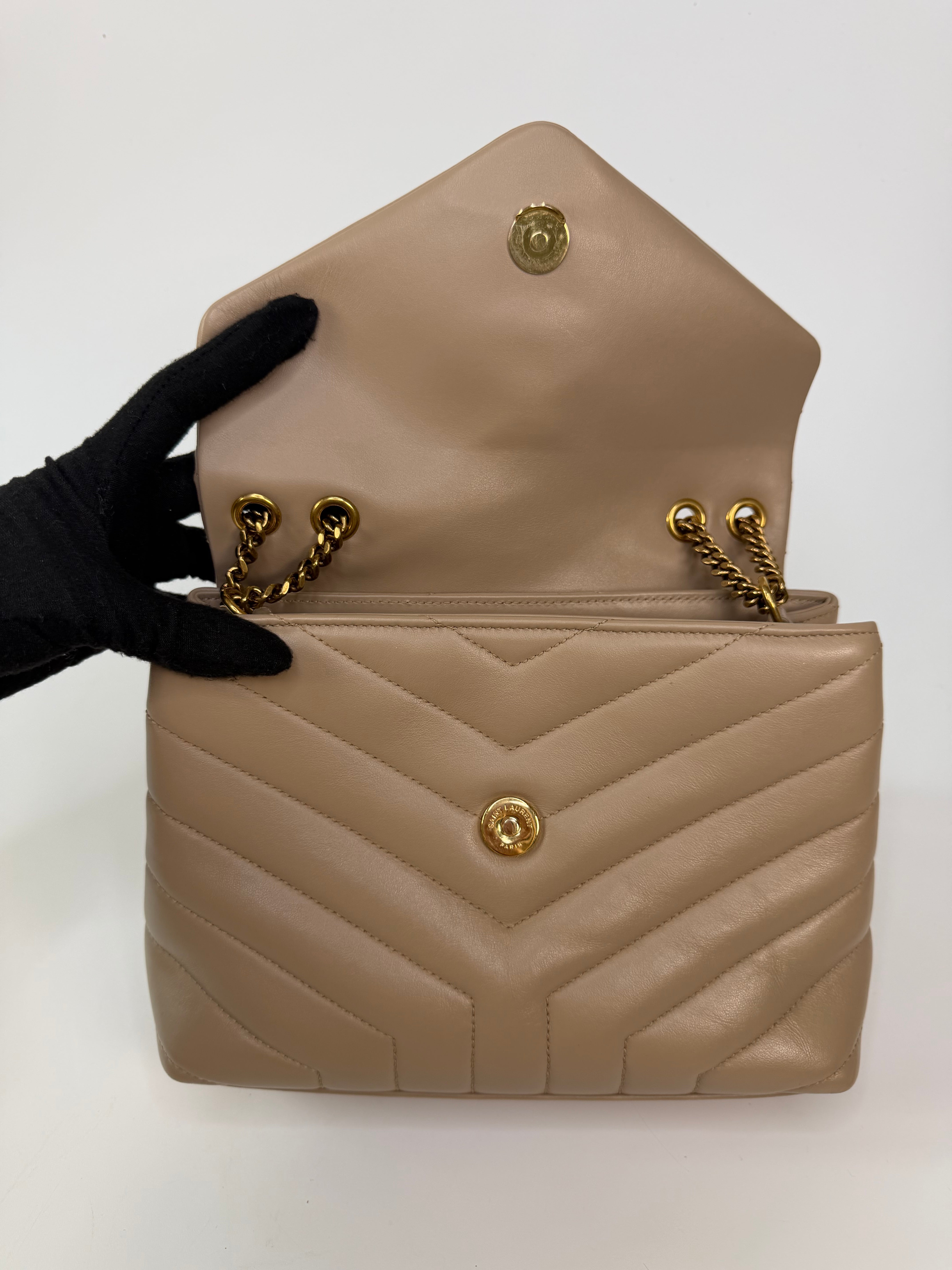 Saint Laurent Small Loulou In Dark Beige Leather With Gold Hardware. 100% authentic and preloved in excellent condition