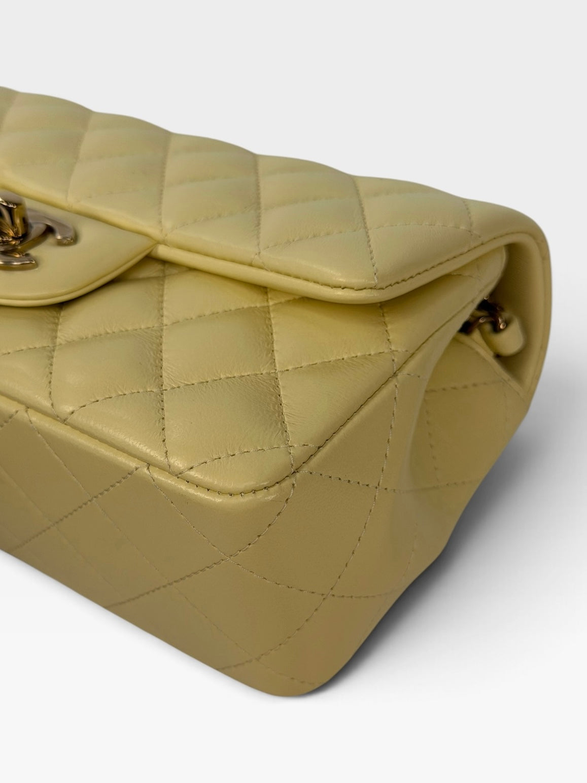 Chanel Mini Rectangle In Yellow Lambskin Leather With Gold Hardware. 100% authentic and preloved in excellent condition