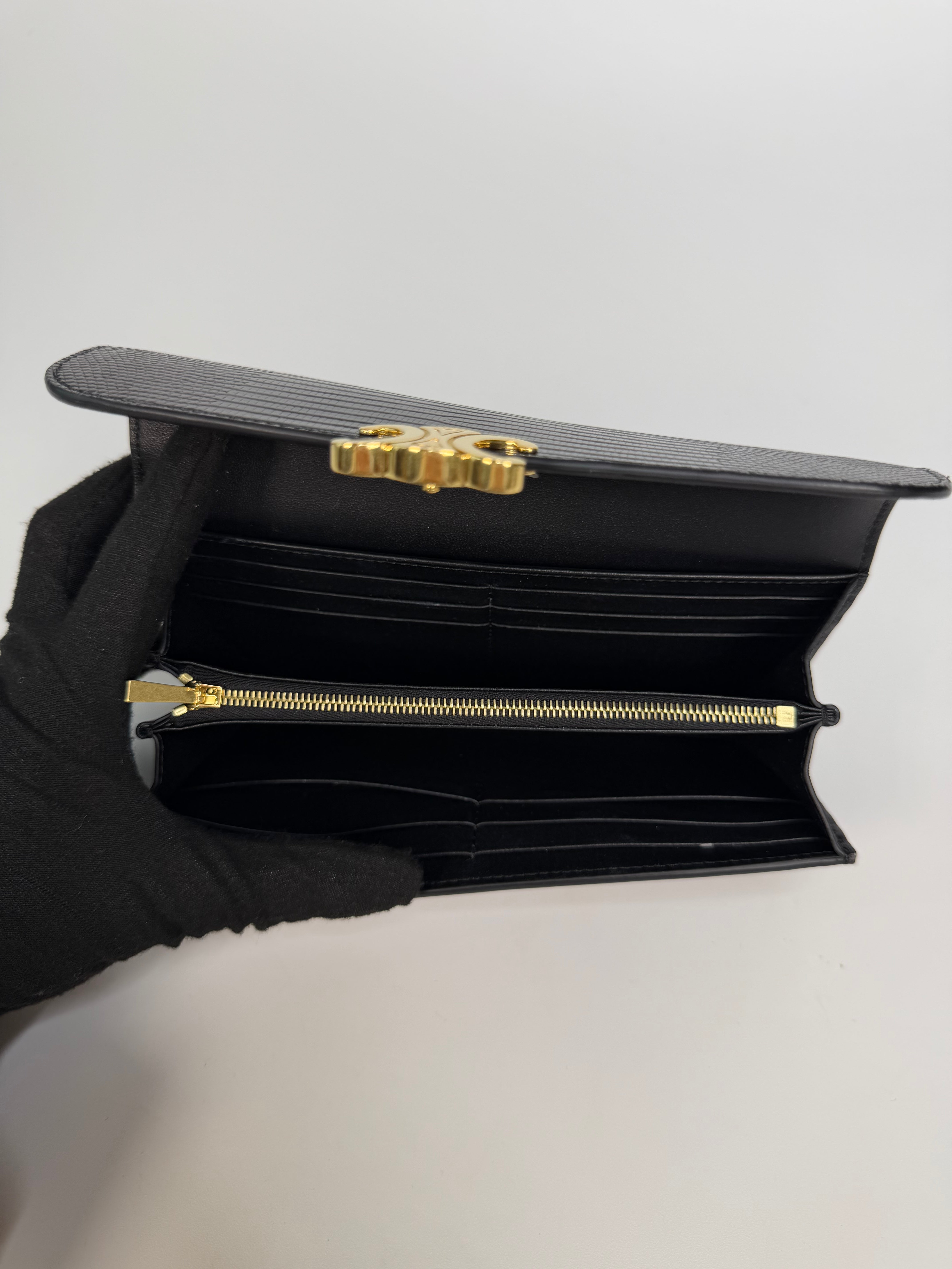 Celine Triomphe Wallet In Black Lizard Embossed Calfskin Gold Hardware. Authentic and preloved in excellent condition