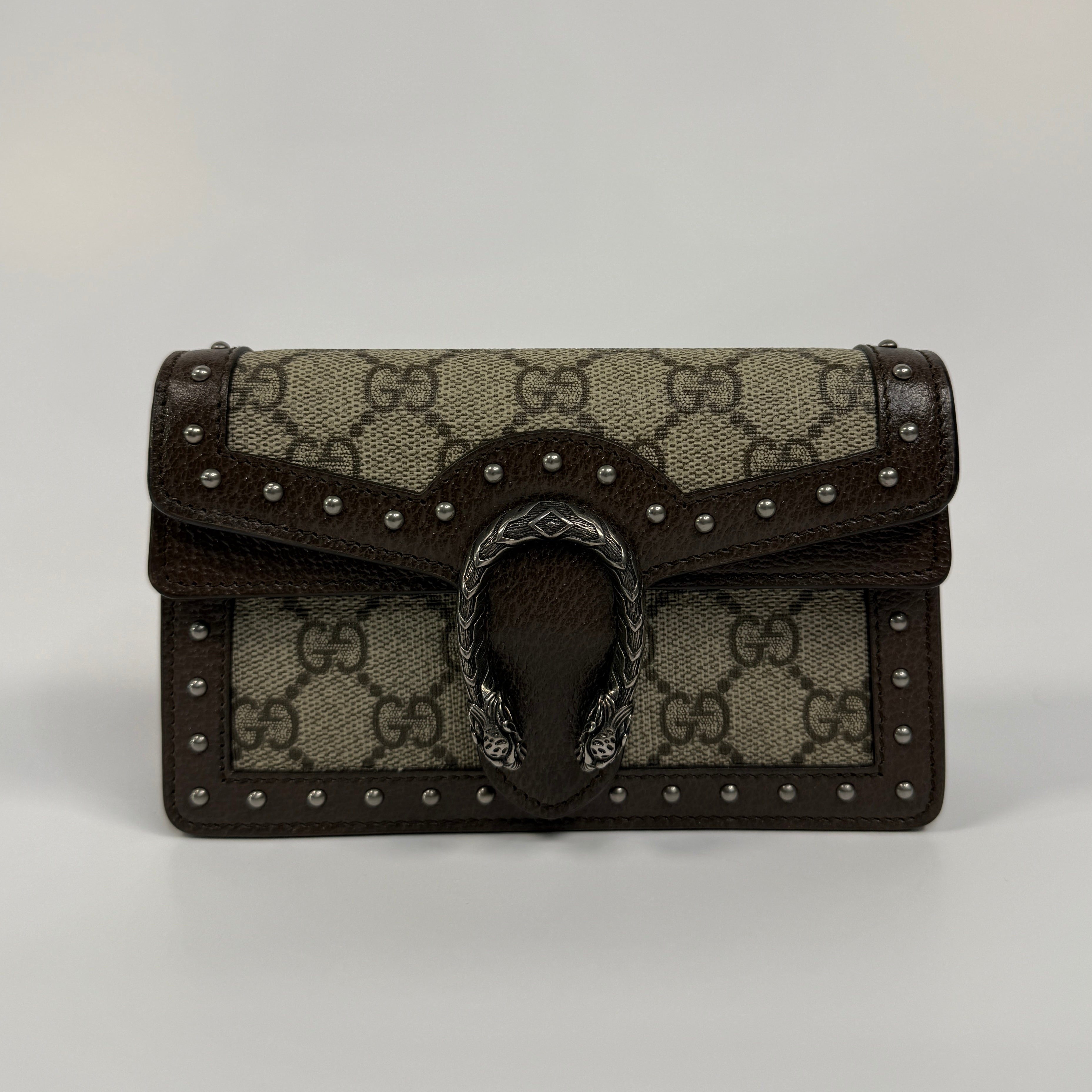 Gucci Mini GG Supreme Studs Dionysus Crossbody Bag In Brown Canvas with silver Hardware In Excellent Condition. Authentic and pre loved
