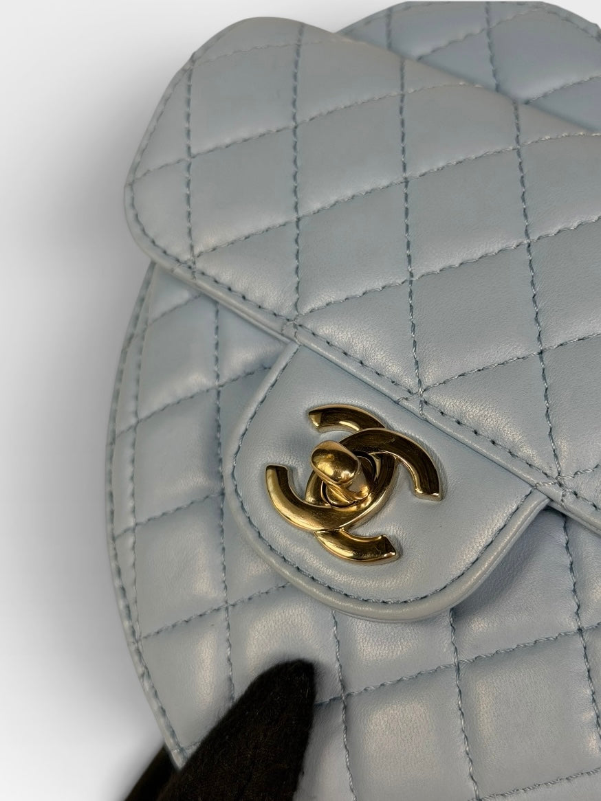 Chanel Heart Bag Large In Blue Lambskin Leather With Pale Gold Hardware. 100% authentic and preloved in excellent condition