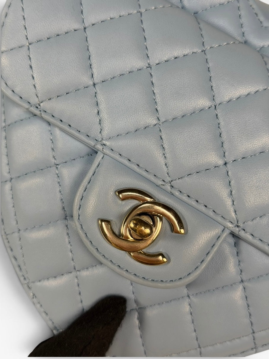 Chanel Heart Bag Large In Blue Lambskin Leather With Pale Gold Hardware. 100% authentic and preloved in excellent condition