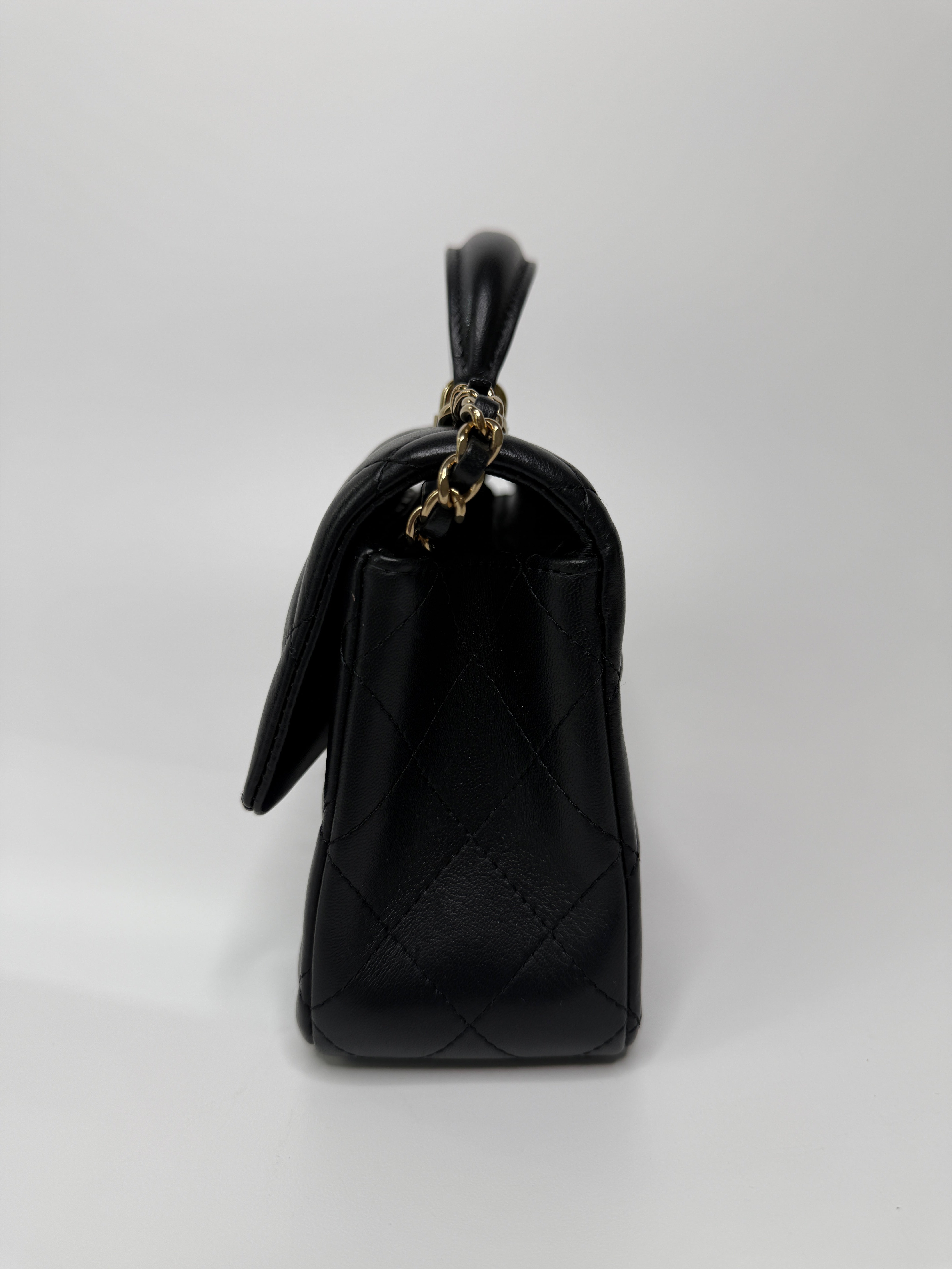 Chanel Mini Rectangle Top Handle Flap Bag In Black Lambskin With Pale Gold Hardware