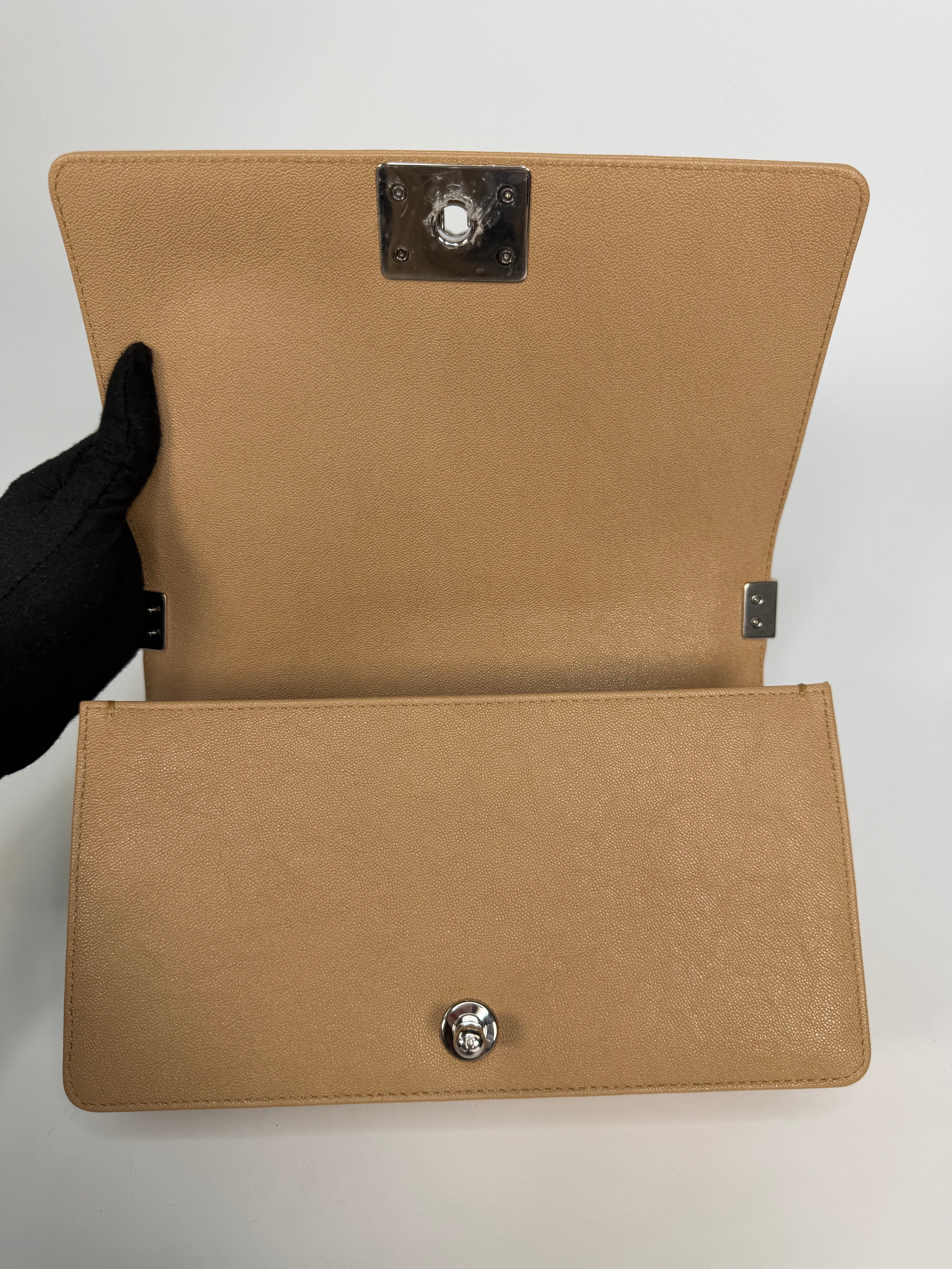 Chanel Medium Boy Bag Beige Caviar With Silver Hardware. Authentic and preloved in excellent condition