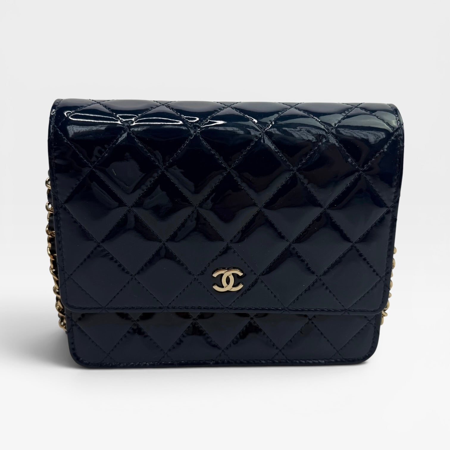 Chanel Square Wallet On Chain In Patent Navy Leather Gold Hardware