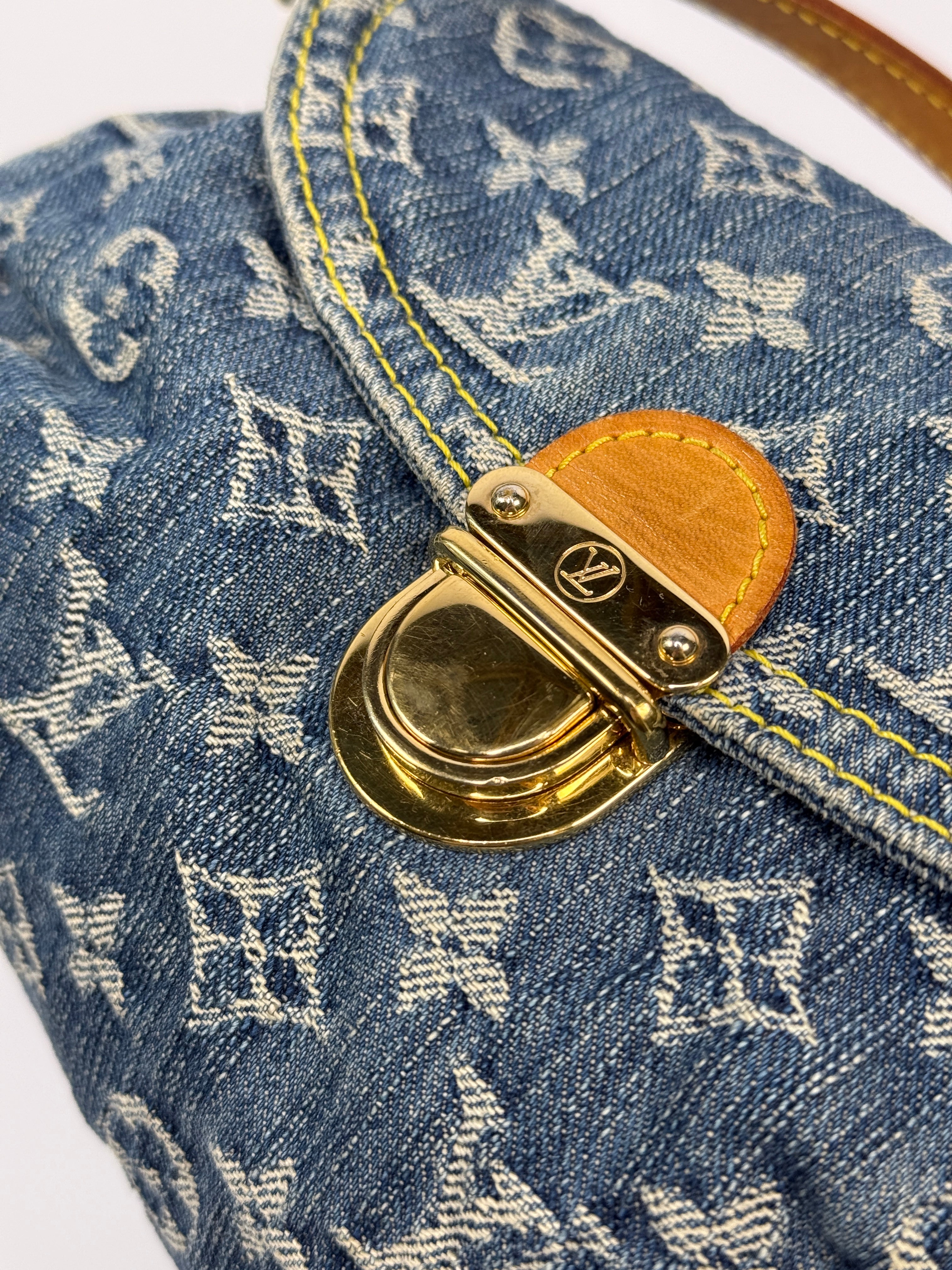 Louis Vuitton Mini Pleaty Bag In Denim Monogram With Gold Hardware, Authentic And Preloved In Excellent Condition