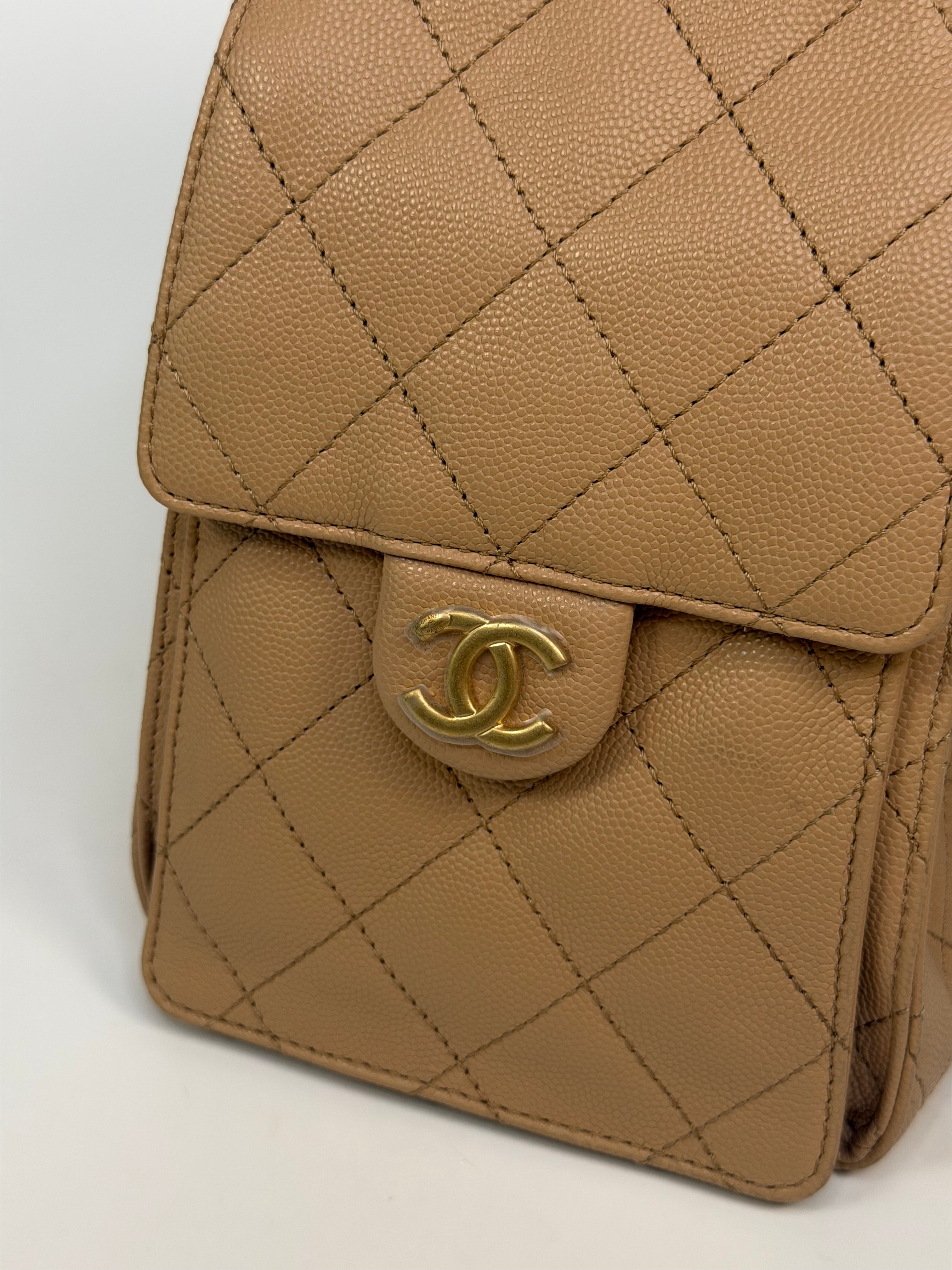 Chanel 25 Small In Beige Caviar Leather With Gold Hardware. 100% authentic and preloved in excellent condition