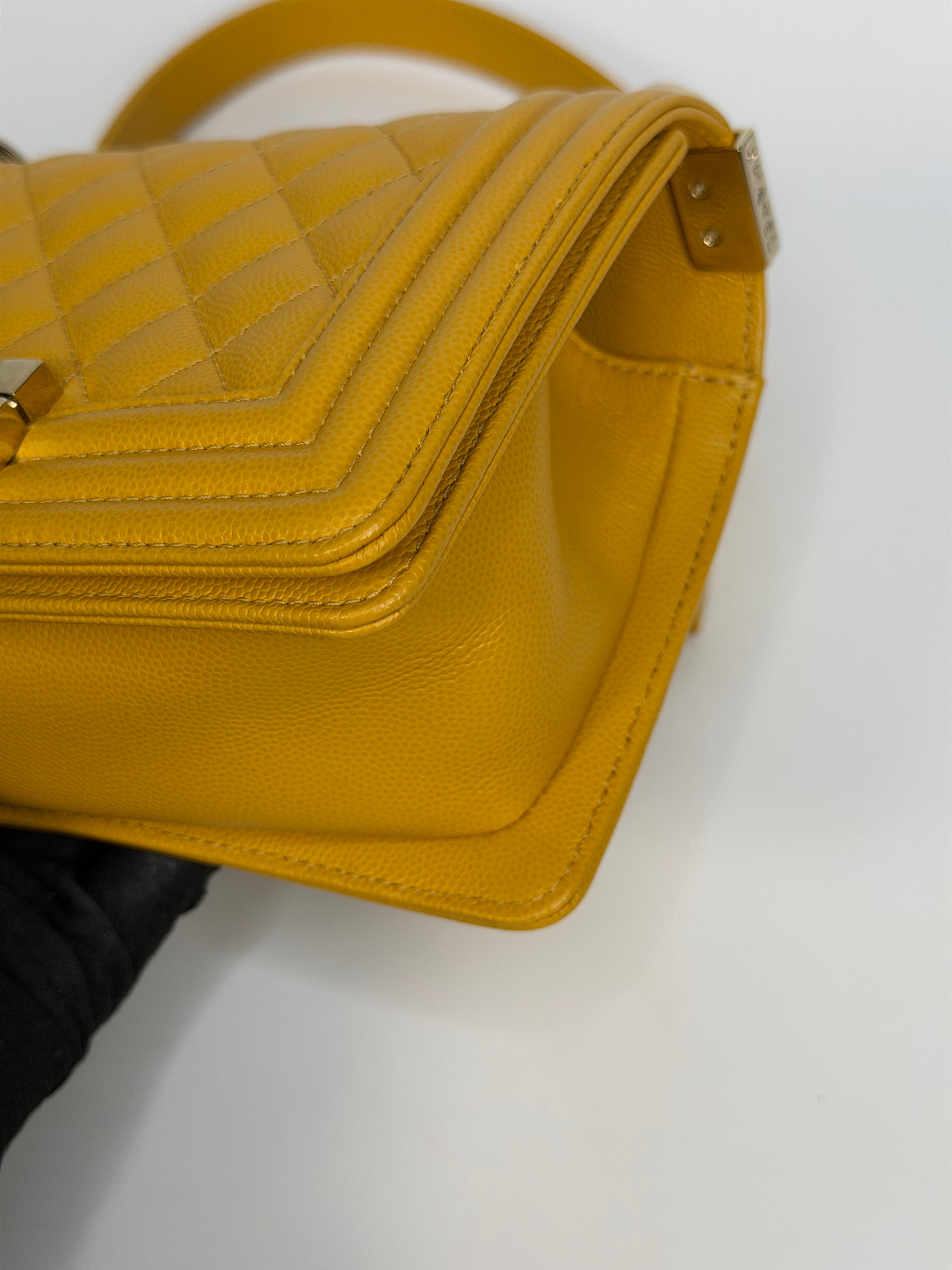Chanel Small Boy Bag In Yellow Caviar Leather With Pale Gold Hardware