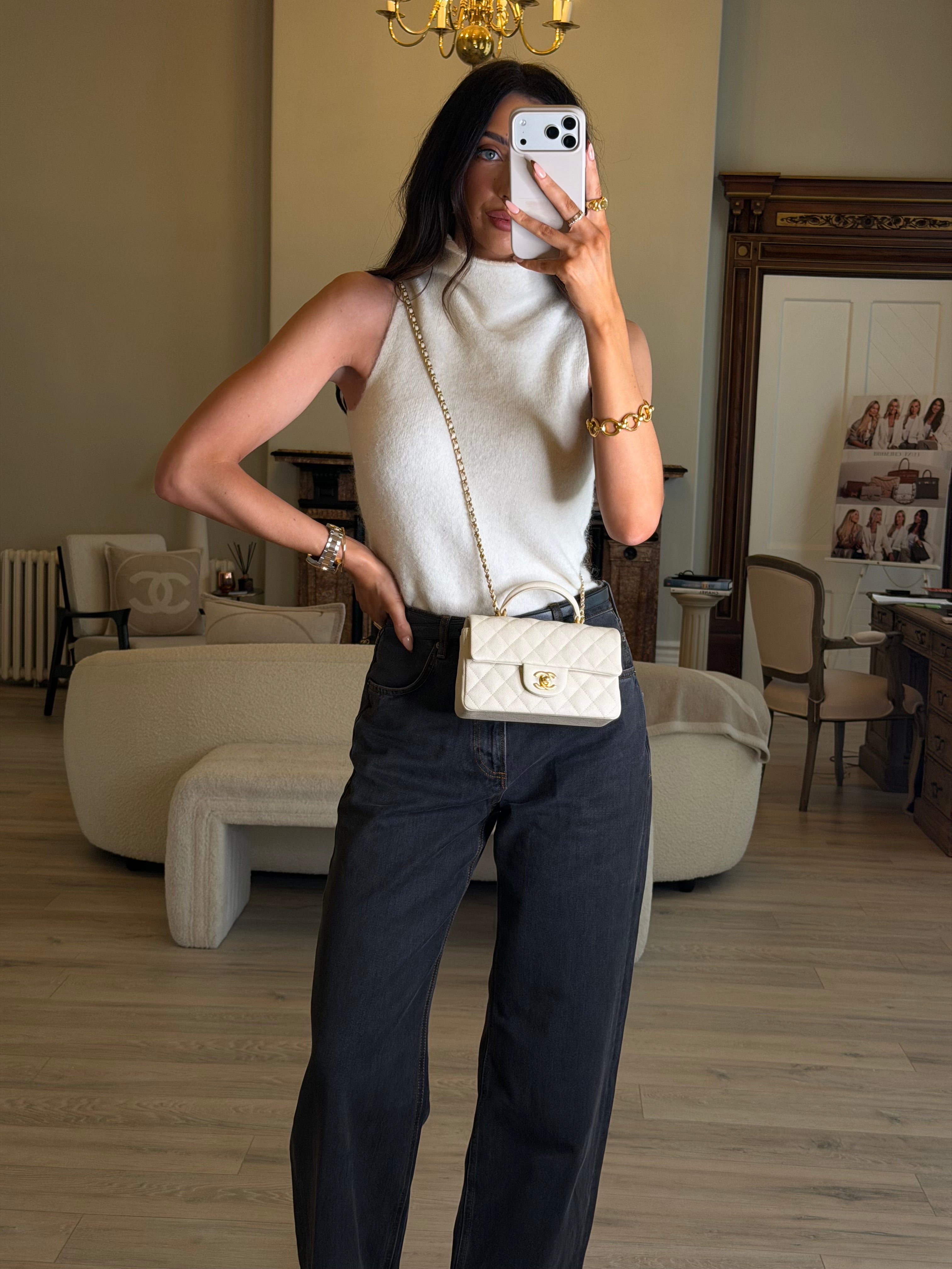 Chanel Mini Rectangle Top Handle In Ecru Caviar With Gold hardware, authentic and preloved in excellent condition