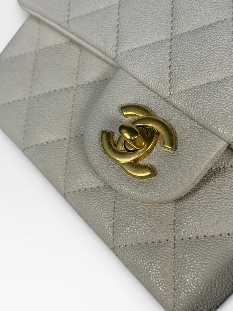 Chanel Mini Rectangle Top Handle In Cream Caviar Leather With Aged Gold Hardware. 100% authentic and preloved in excellent condition.