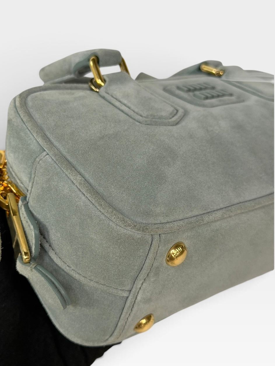 Miu Miu Arcadie Padded Top Handle In Powder Blue Suede Gold Hardware. 100% authentic and preloved in new & unused condition.