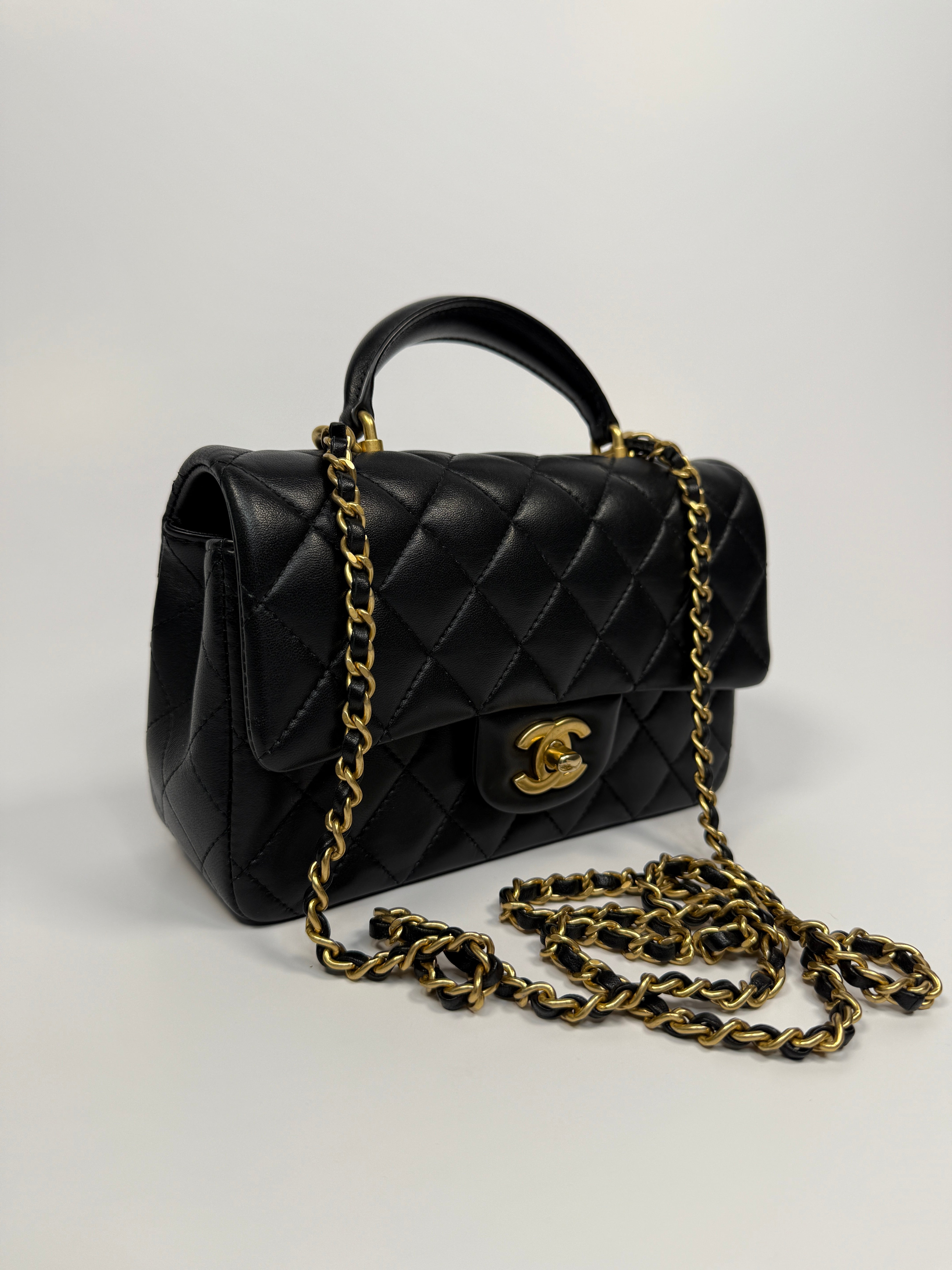 Chanel Mini Rectangle Top Handle Flap Bag In Black Lambskin With GHW