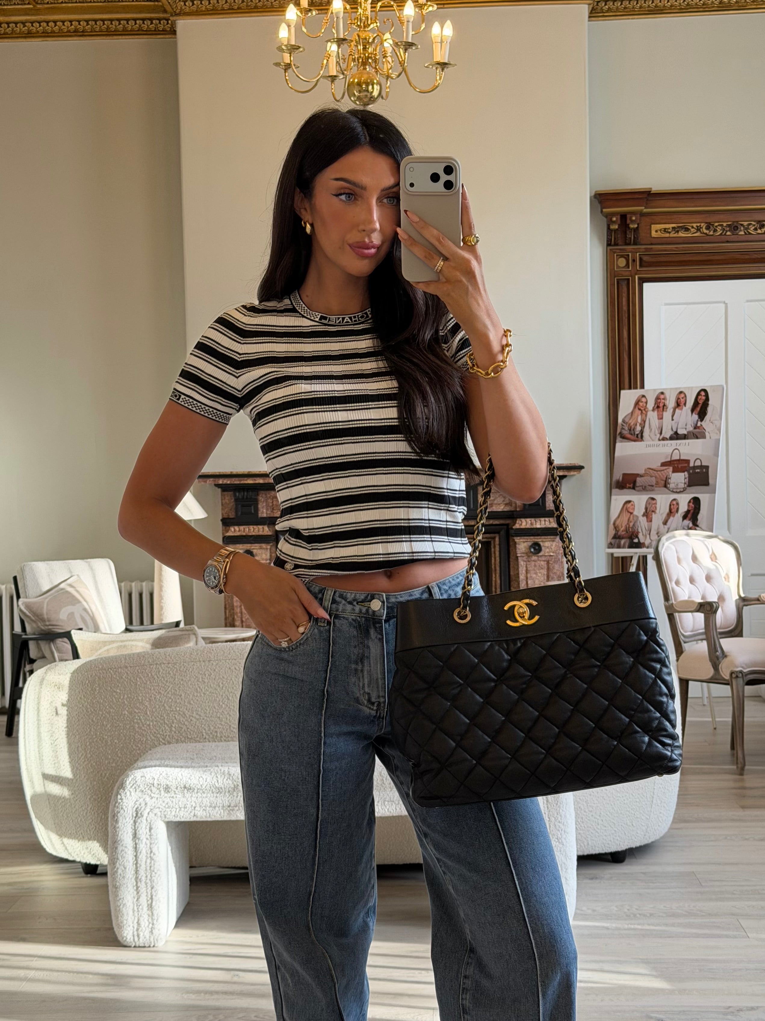 Chanel Medium Soft Elegance Tote Bag Black Gold Hardware