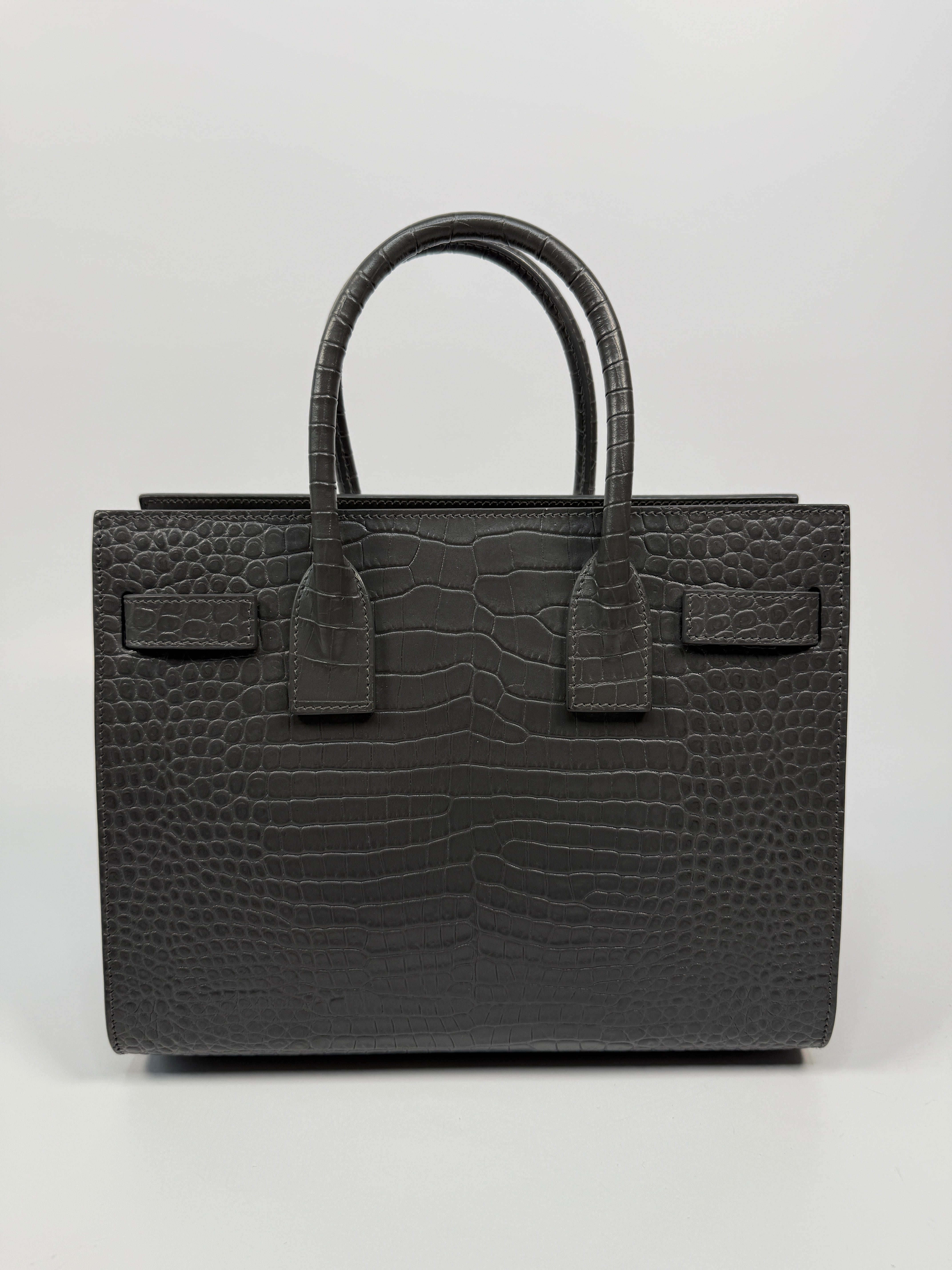 Saint Laurent Small Sac De Jour In Grey Croc Embossed Leather With Silver hardware, authentic and preloved in excellent condition
