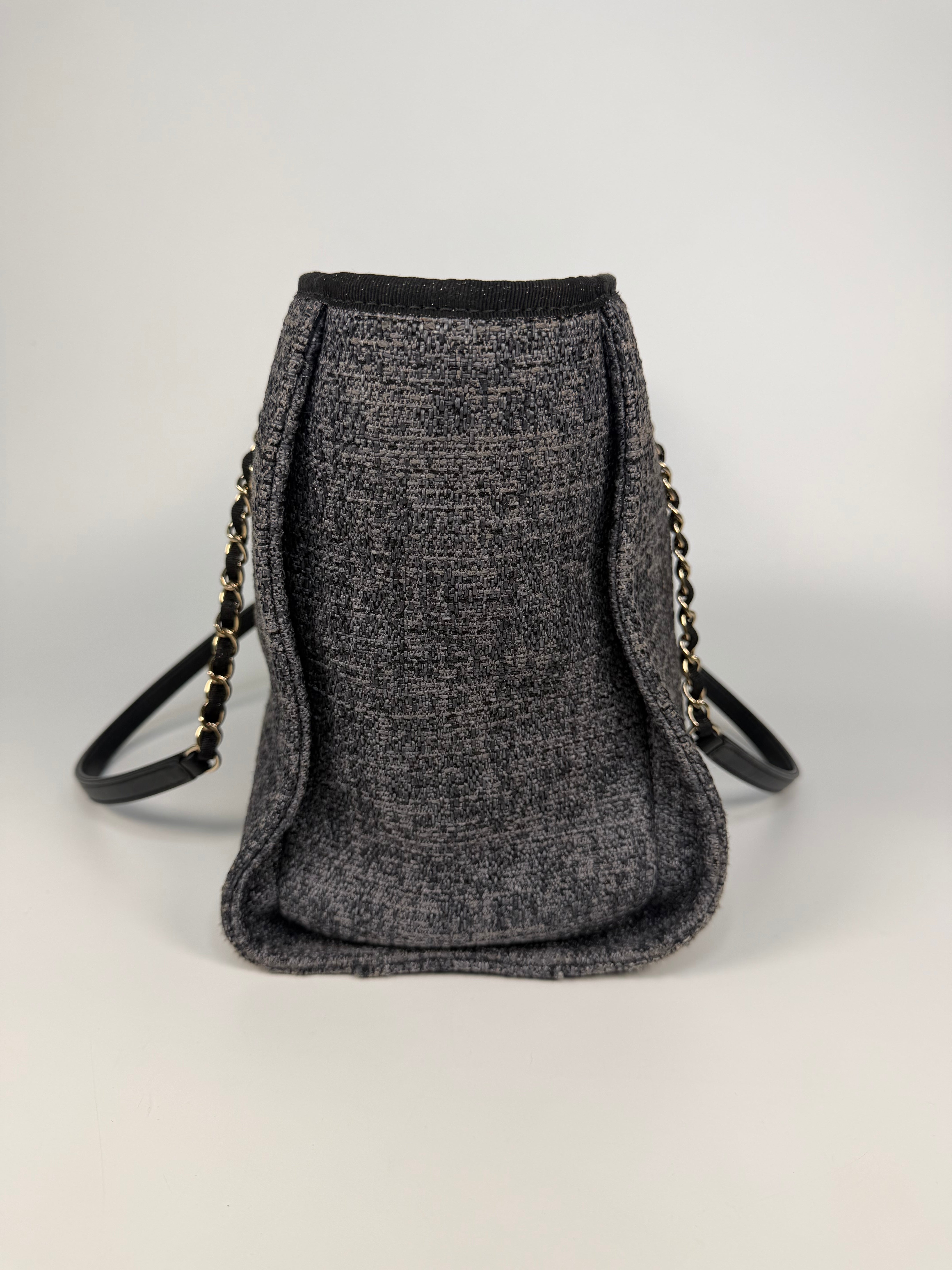 Chanel Small Deauville Tote Bag Navy / Dark Grey With Pale Gold Hardware. 100% authentic and preloved in excellent condition.