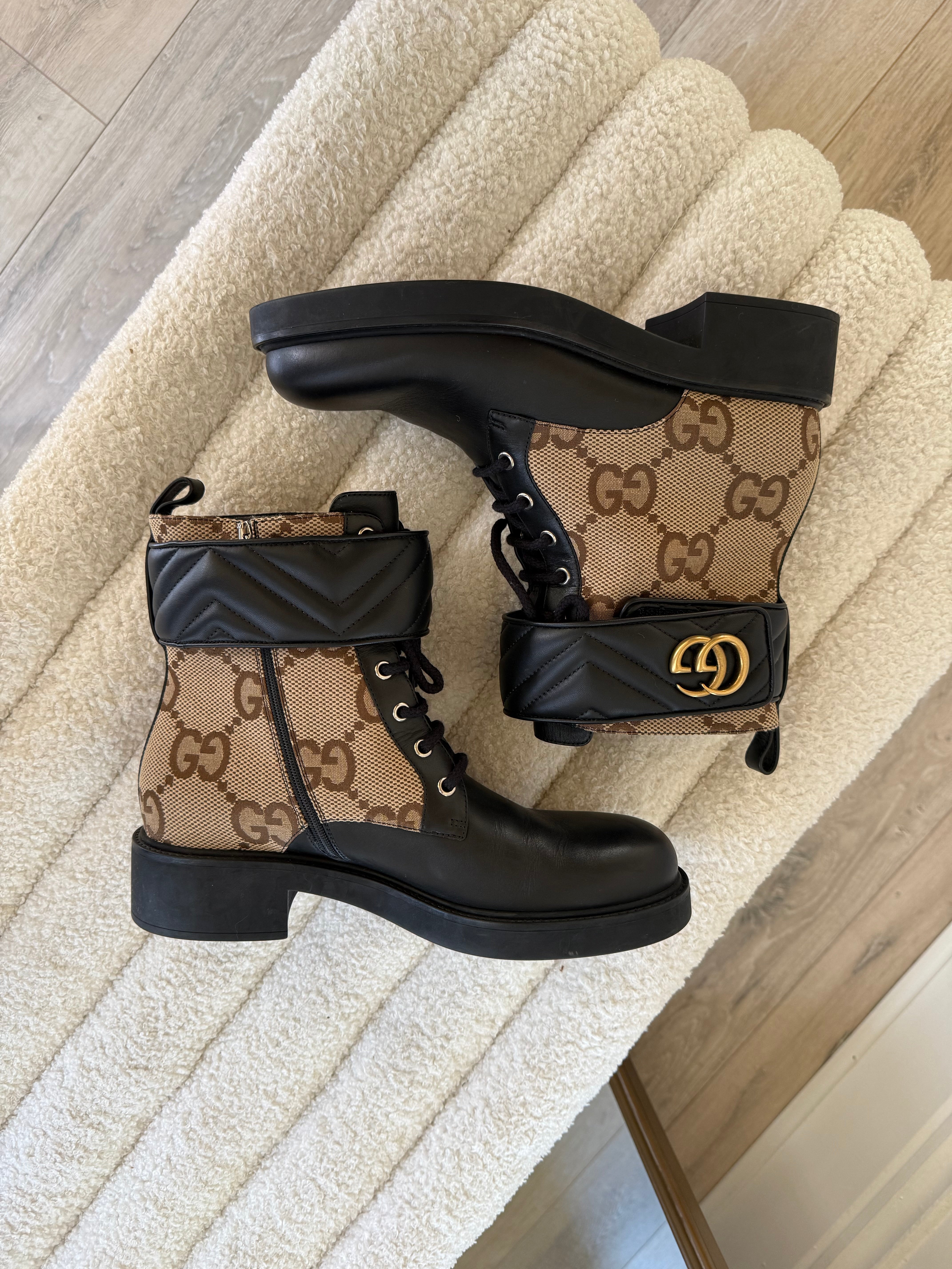 Gucci Logo Plaque Monogram Panelled Ankle Boots (Size 41/UK7). Authentic And Preloved In Excellent Condition.