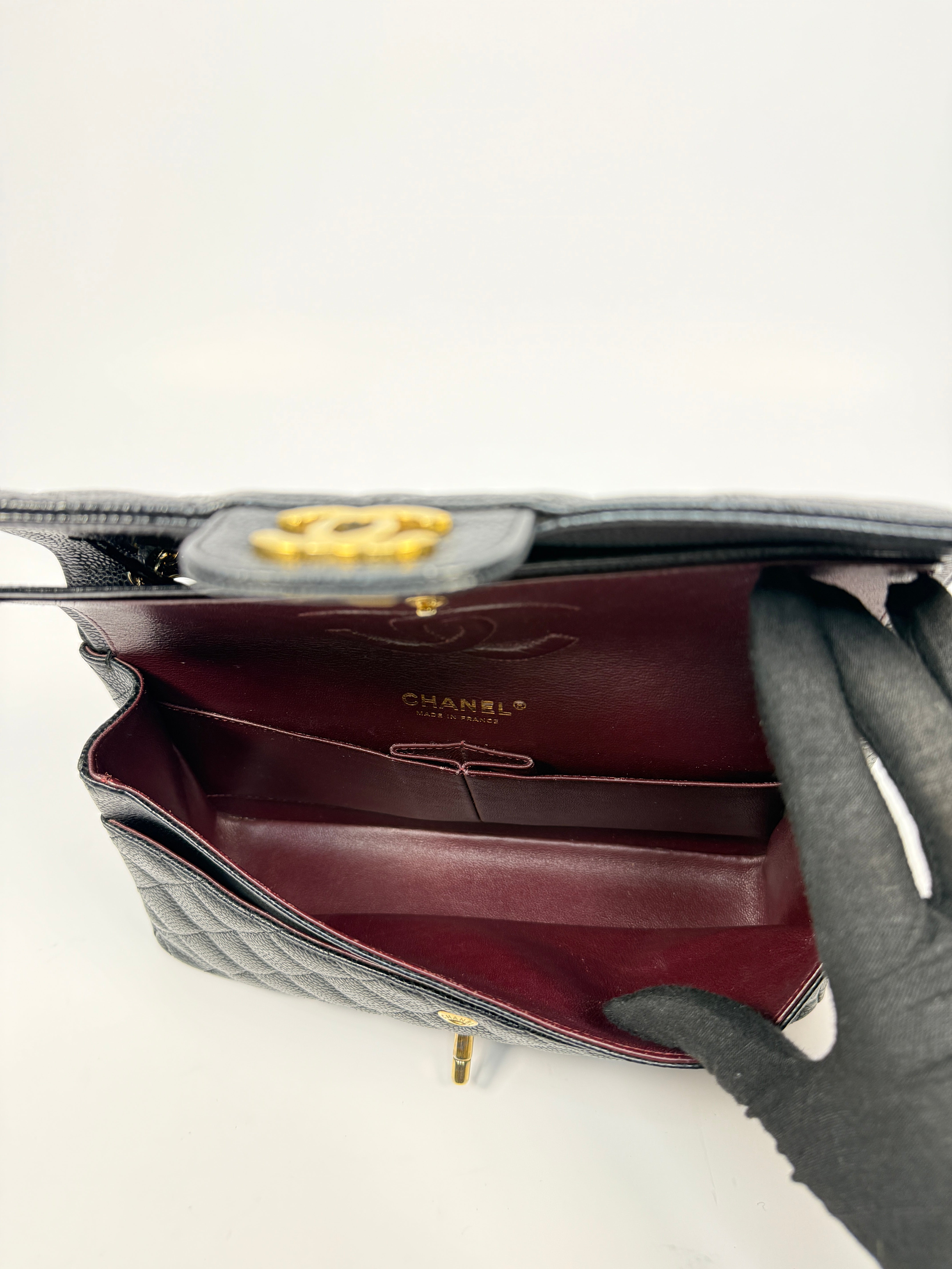 Chanel Medium Classic Double Flap Black Caviar With Gold Hardware, Authentic And Preloved In Very Good Condition