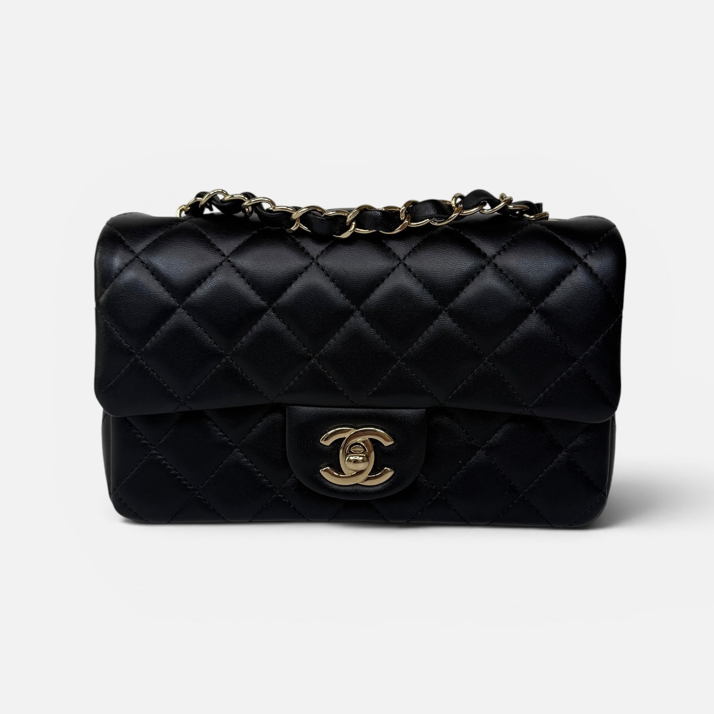 Chanel Mini Rectangle In Black Lambskin Leather With Pale Gold Hardware