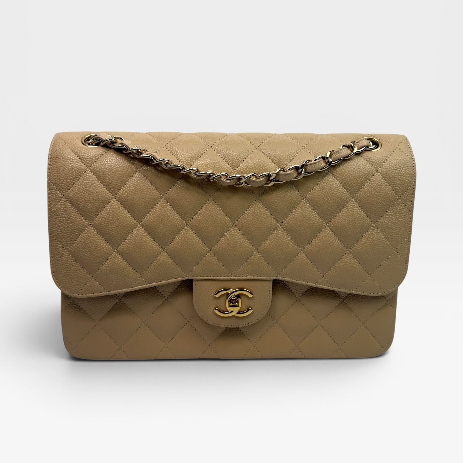 Chanel Jumbo Classic Double Flap In Beige Caviar Leather with GHW