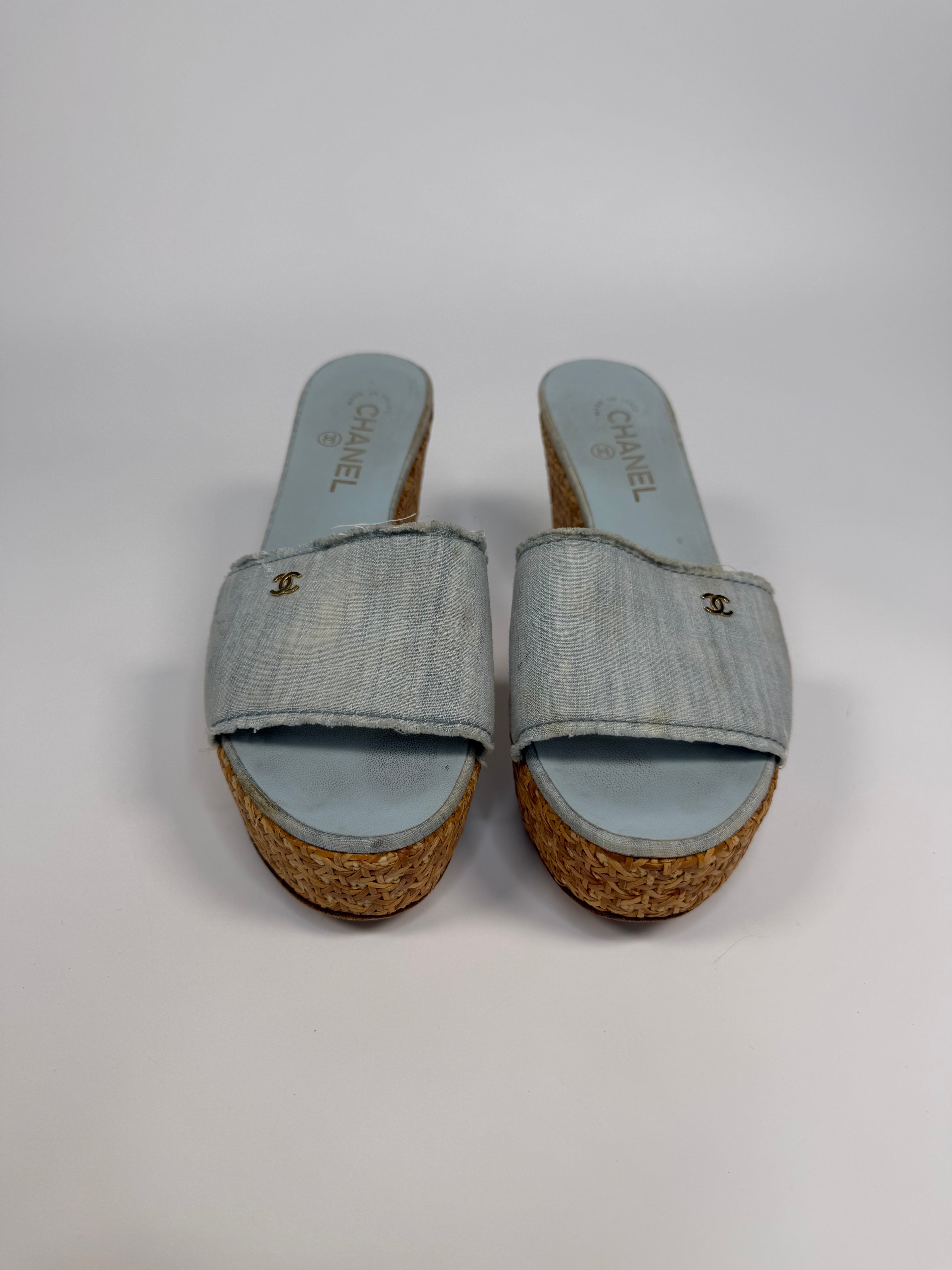 Chanel Raffia Wedges In Denim Blue Canvas 40/UK 7. Authentic and preloved in very good condition.