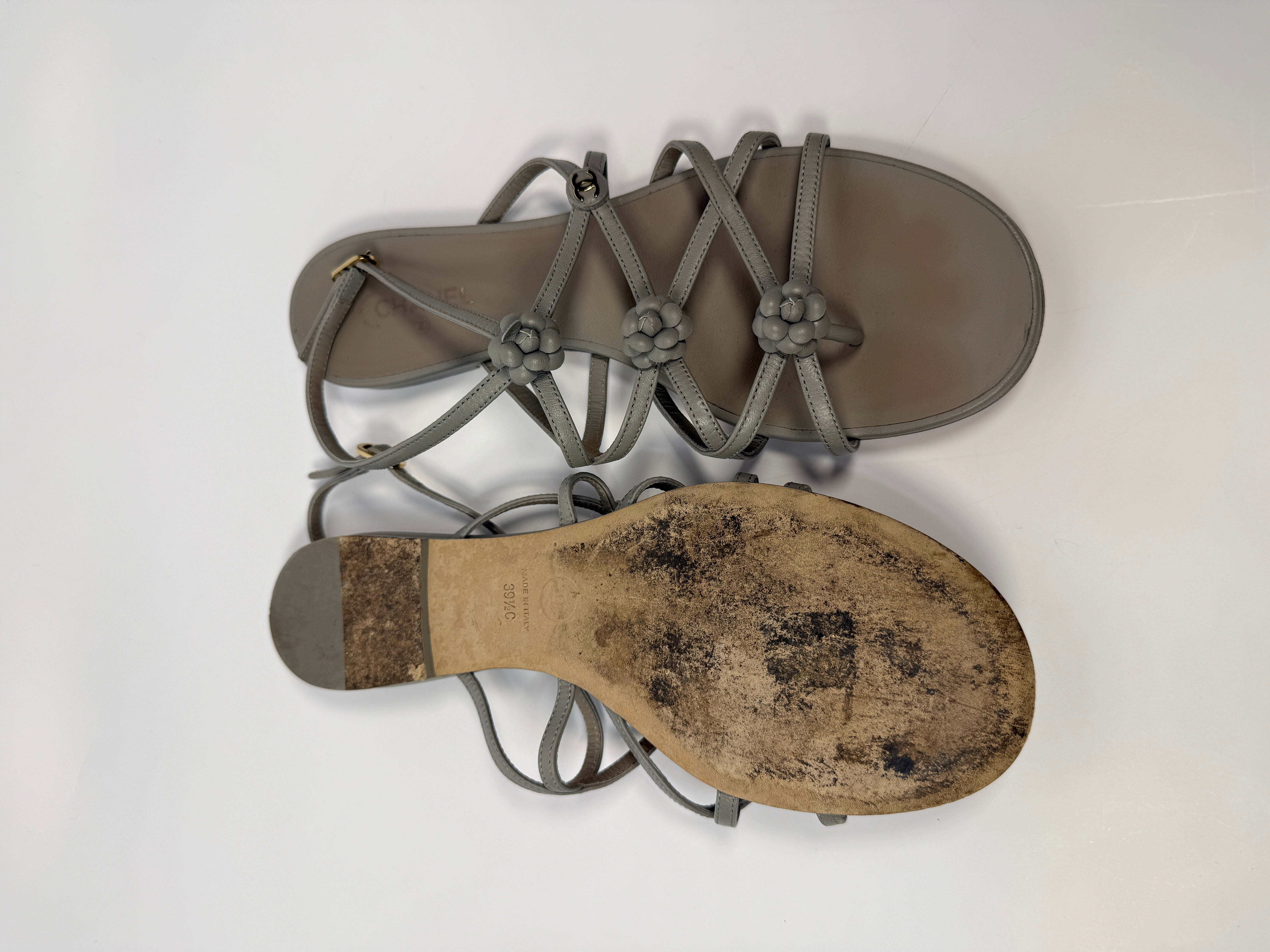 Chanel Camellia Sandals In Grey Leather Size 39.5/UK6.5. Authentic And Preloved In Very Good Condition.