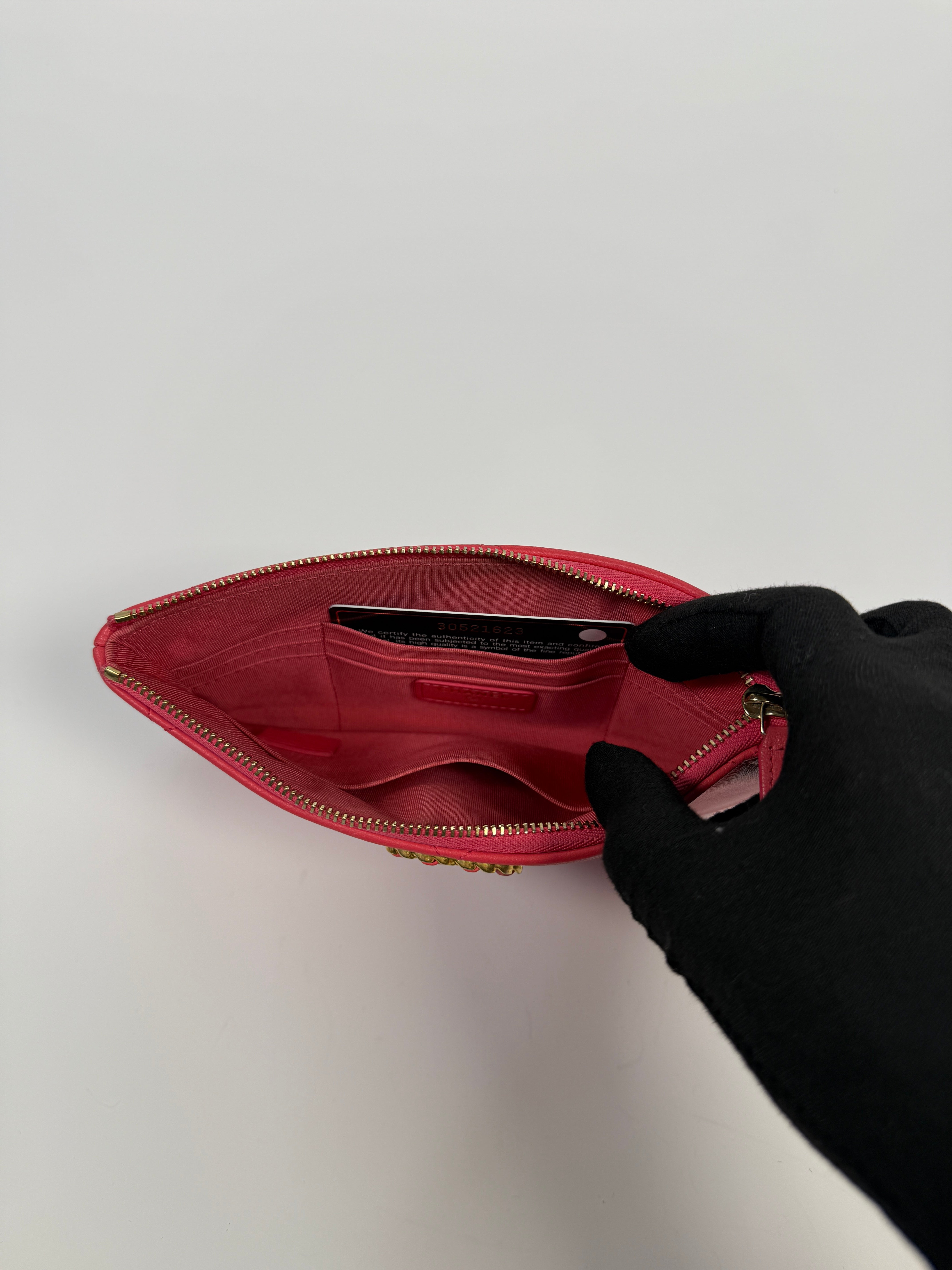 Chanel 19 Zip Pouch In Pink Calfskin Leather With Gold Hardware. Authentic preloved condition.