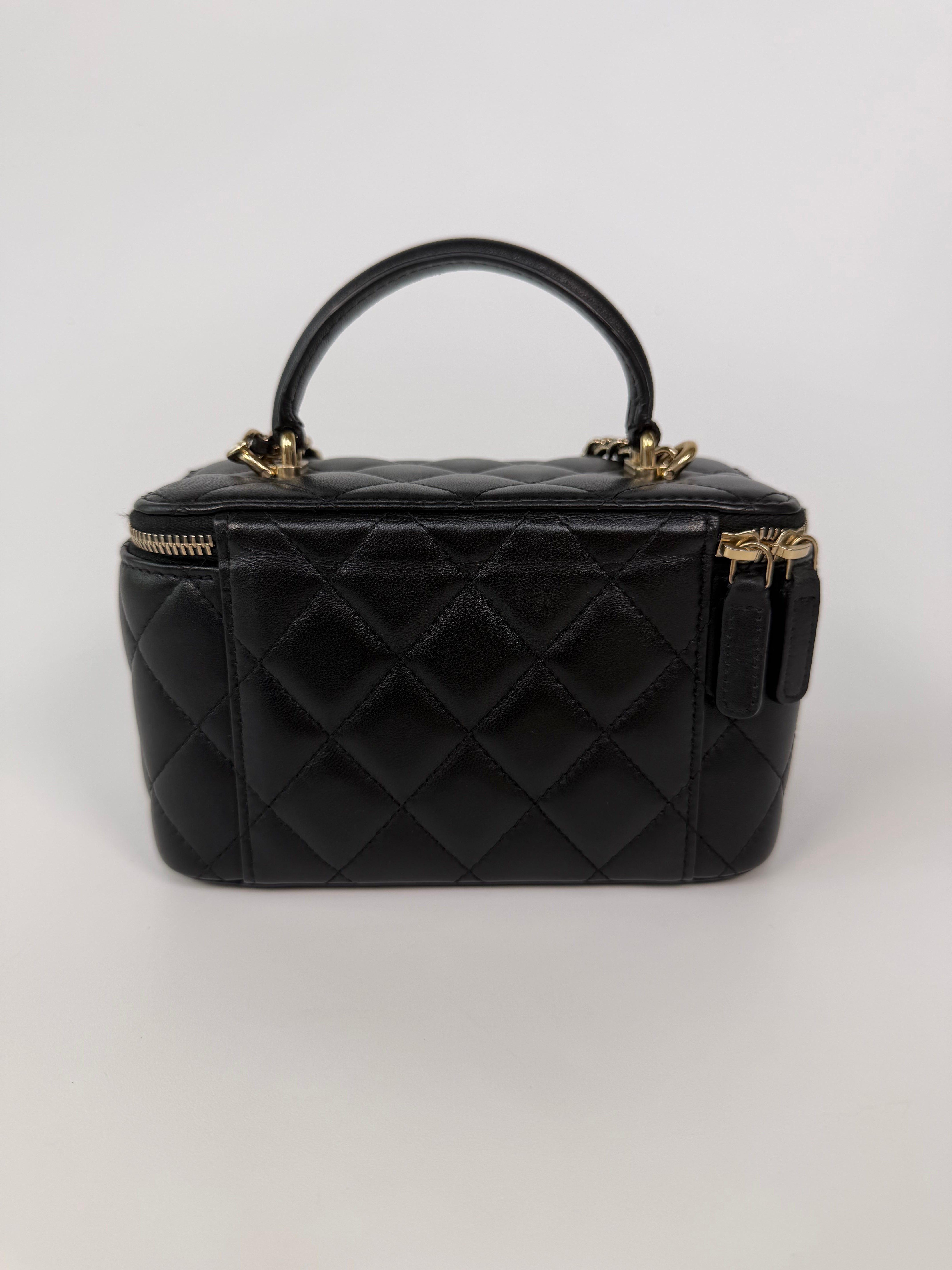 Chanel Vanity Top Handle In Black Lambskin With Pale Gold Hardware