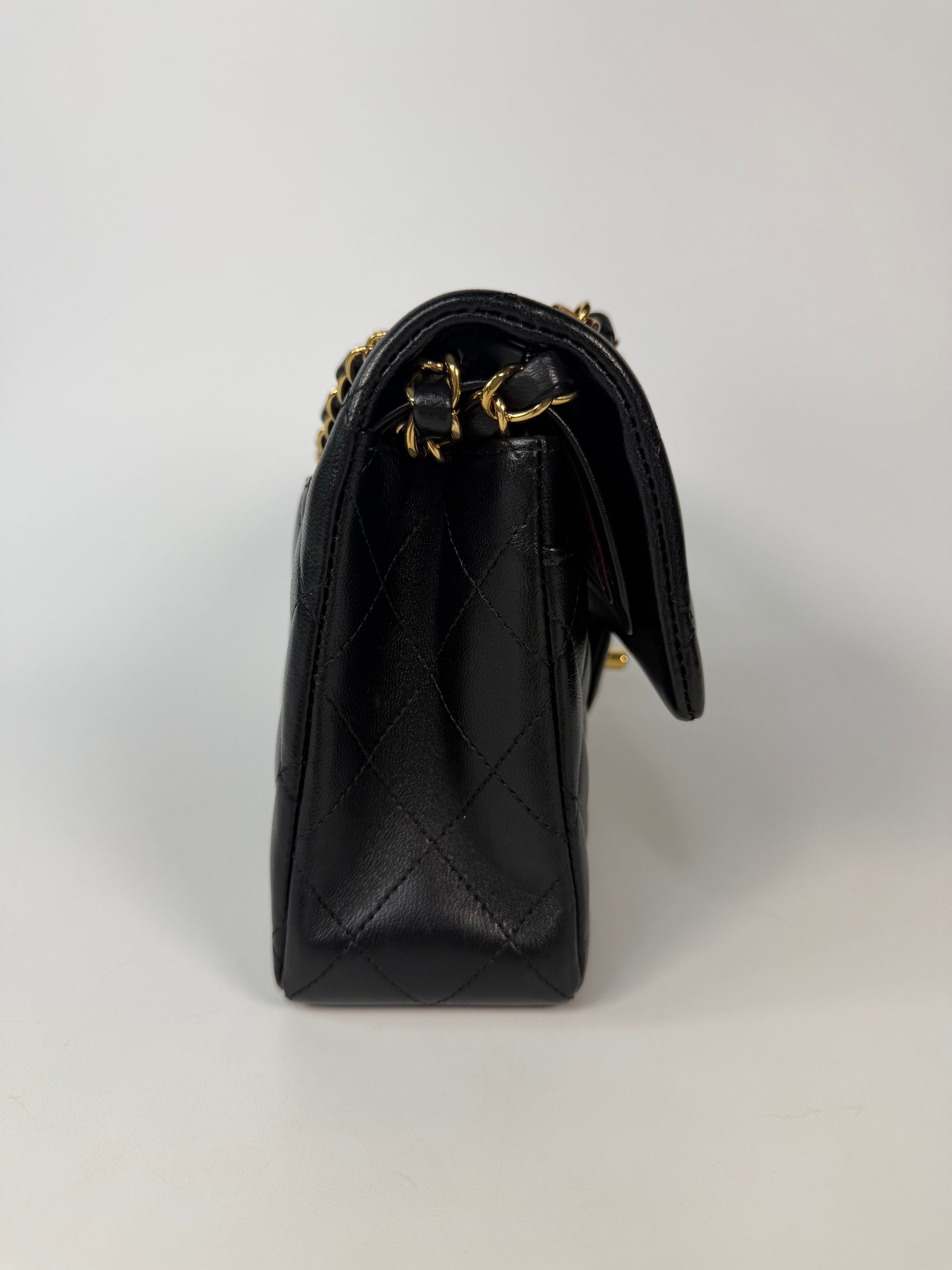 Chanel Small Classic Double Flap In Black Lambskin Leather With Gold Hardware in excellent condition 100% authentic and preloved