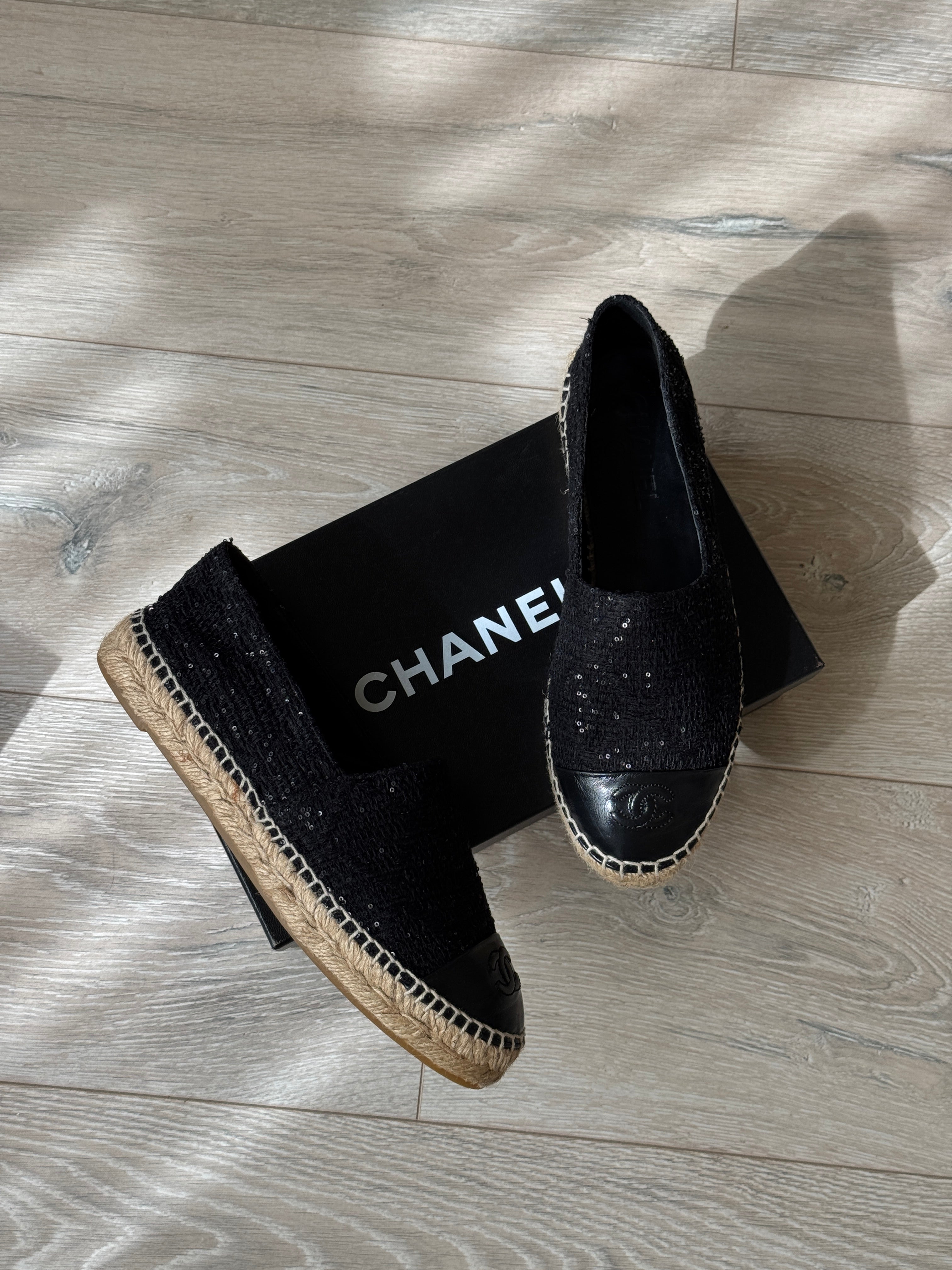 Chanel Black Glitter Espadrilles (Size 38/UK 5)