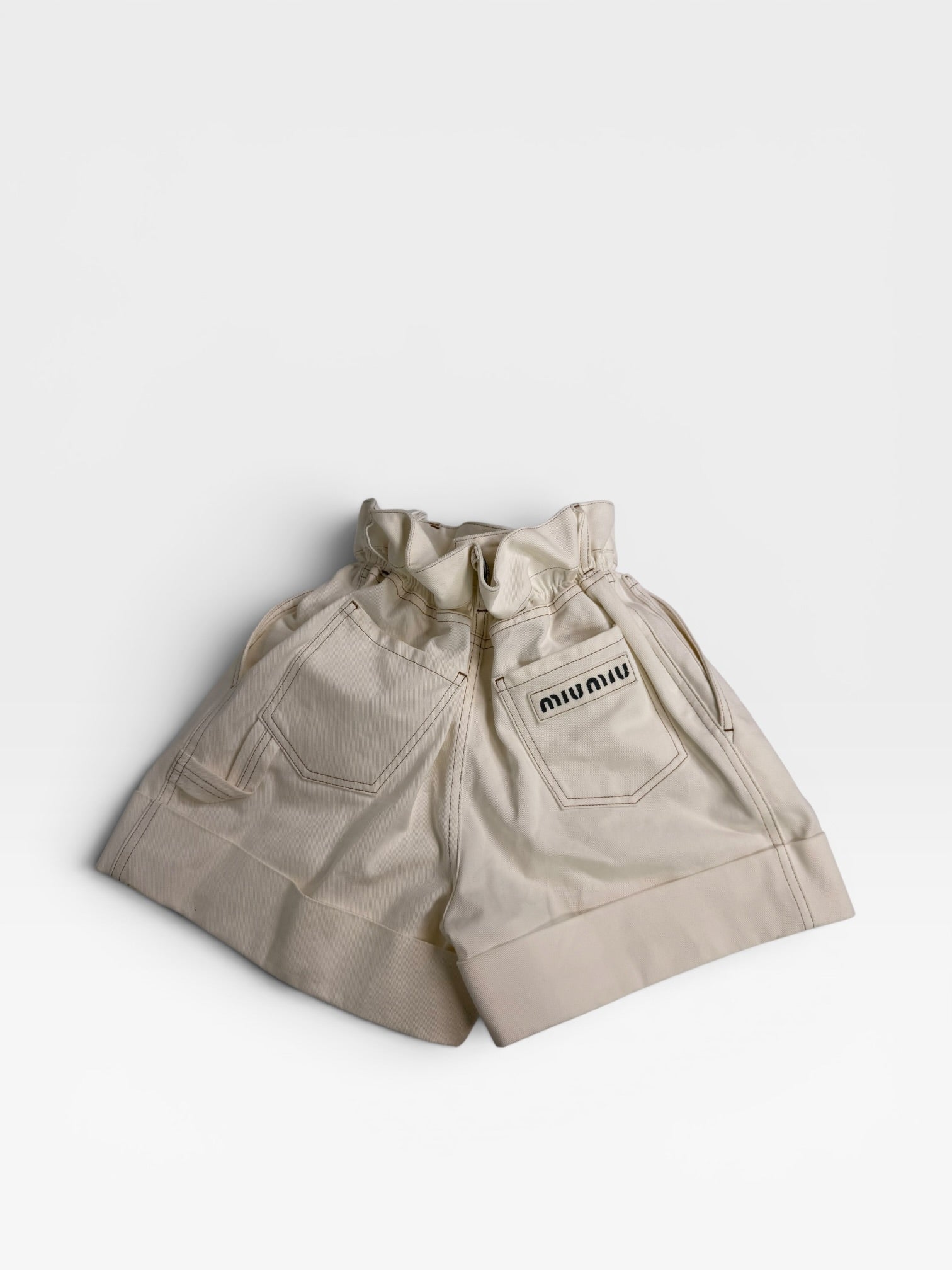 Miu Miu Paperbag Waist Shorts In Cream Denim (Size 38/UK6) 100% authentic and preloved in excellent condition