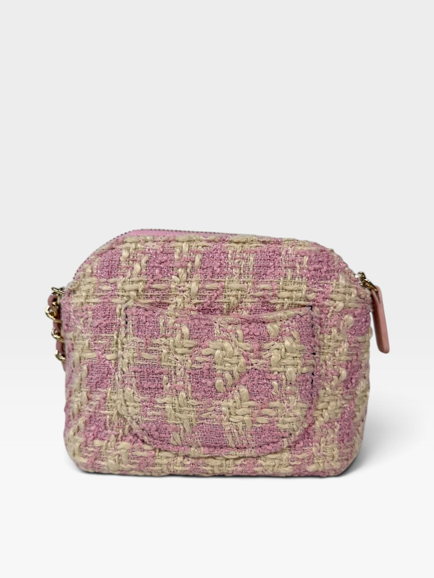 Chanel Mini Pouch On Chain Bag In Pink Tweed With Gold Hardware. 100% authentic and preloved in excellent condition.