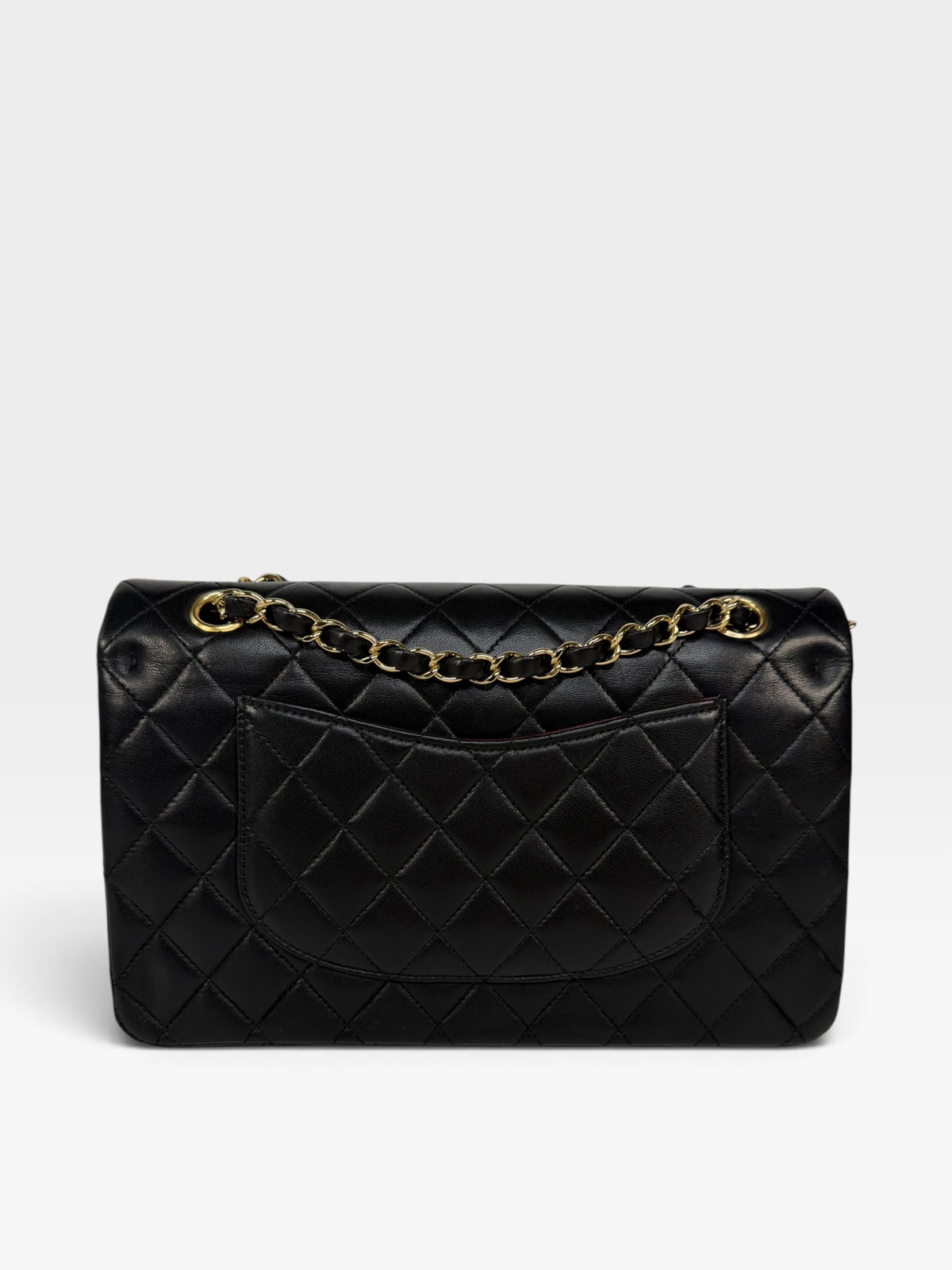 Chanel Medium Classic Double Flap In Black Lambskin Leather With Gold Hardware. 100% authentic and preloved in excellent condition