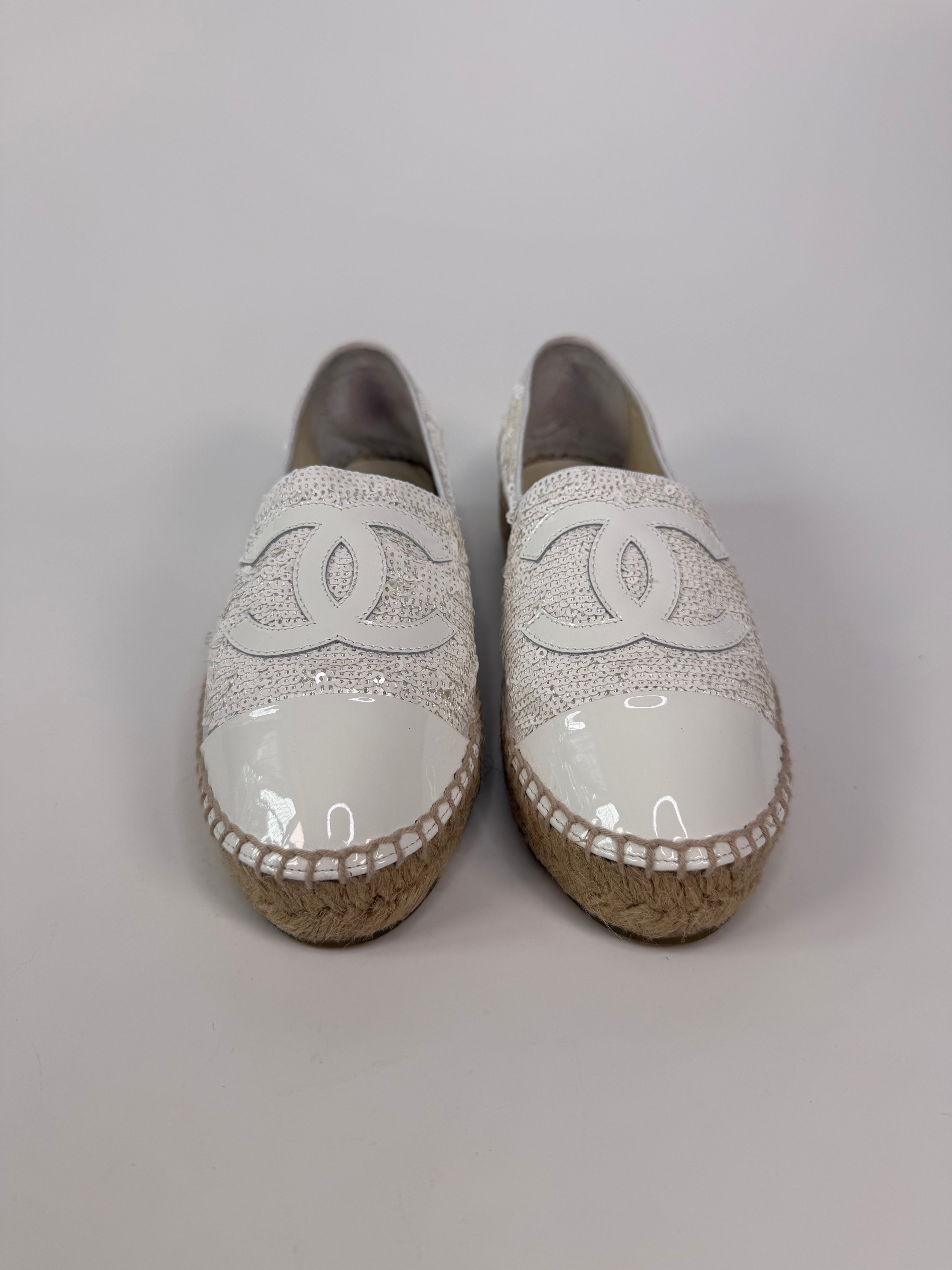 Chanel Sequin Espadrilles In White Patent Leather (Size 37/UK4) 100% authentic and preloved in excellent condition
